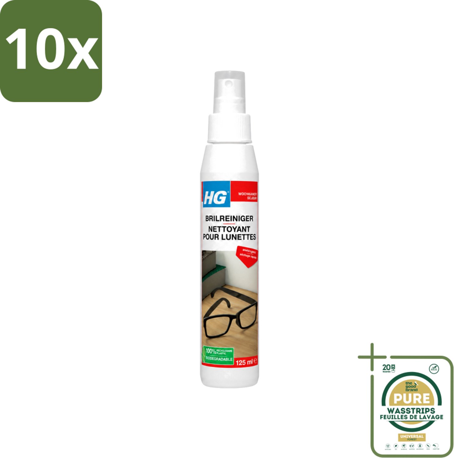 10 x HG - Brilreiniger - Voor Glasheldere Lenzen - 125 ml - Wasstrips - Bril Reinigen - Glas Reinigen - Lenzen Reinigen - Brillen Reinigen - Vuil Verwijderen