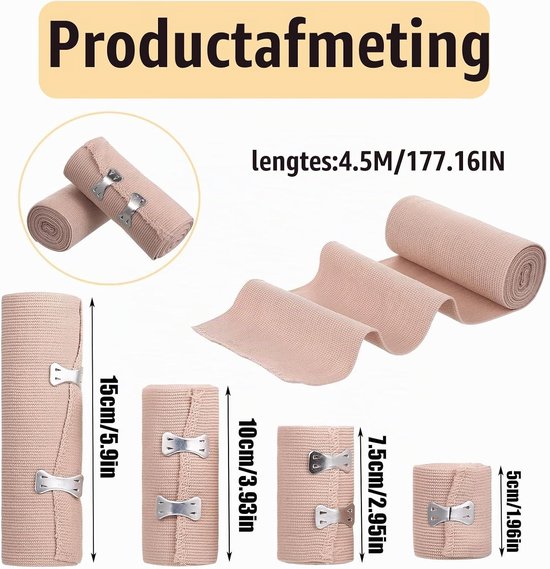Set van 8 Herbruikbare Compressiebandages voor Ondersteuning van Enkel, Knie, Pols en Voet - Wasbaar en Elastisch met Zelfsluitende Clips (5/7.5/10/15cm) x 4.5m — afbeelding 5