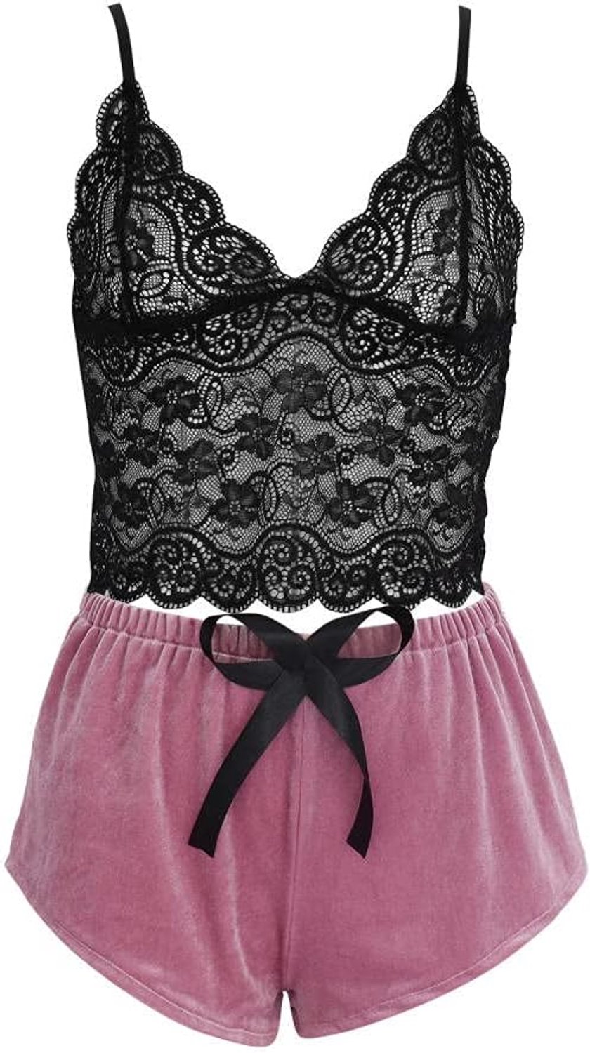 Bodystockings dames Sexy Lace Bow Pyjama Dames Mouwloze Lingerie Nachtkleding Dames 2-delige Pyjama Sets-Pink_L