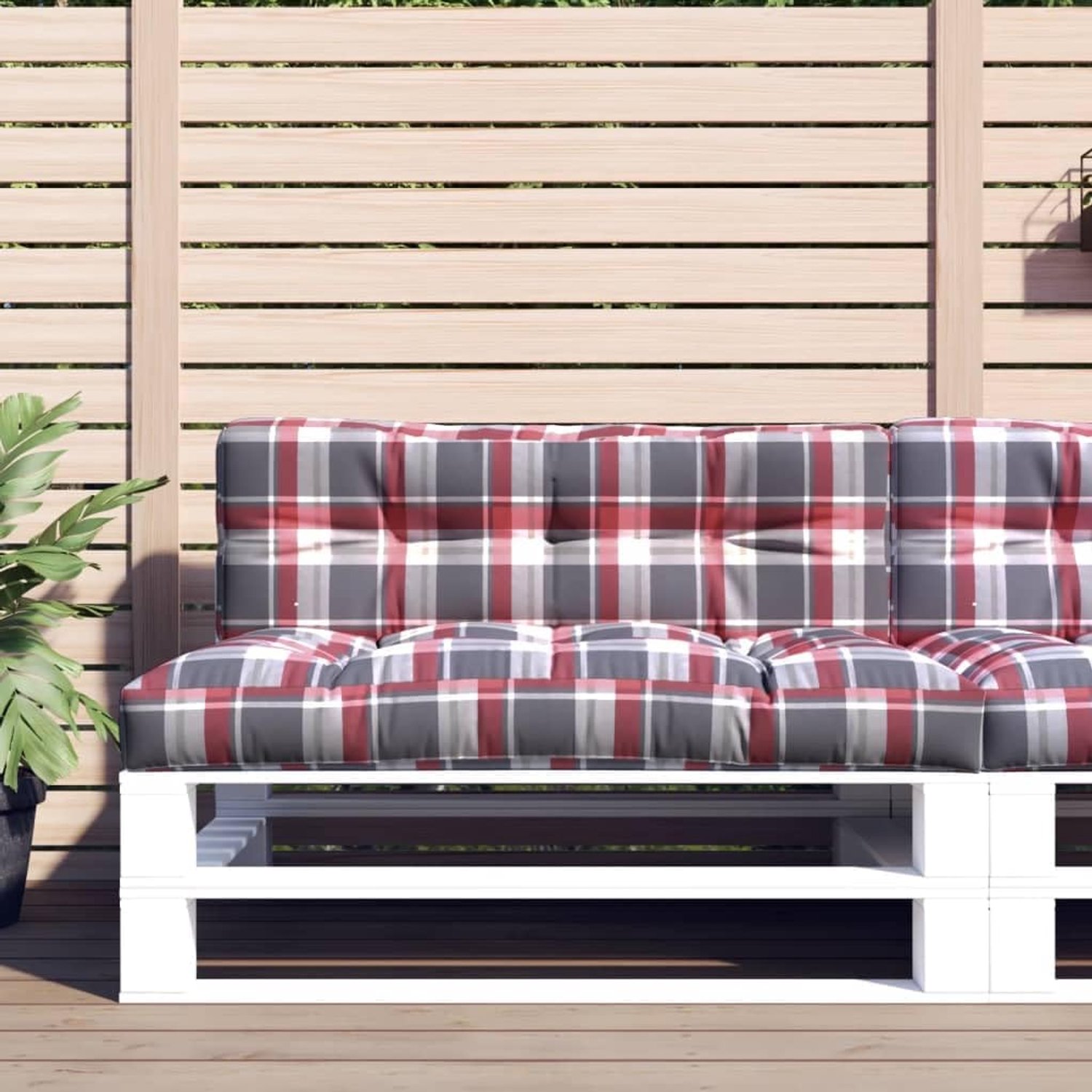 2-delige palletkussenset van waterdicht polyester met zachte holle vezelvulling voor buitenkussens en tuinmeubelen in rood ruitpatroon