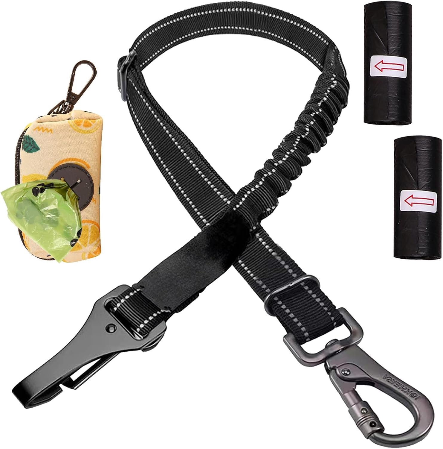 32-delige hondenautoveiligheidsgordelset met poepzakdispenser (15 stuks per verpakking), 1 x reflecterende bungee-riem voor honden, 1 x dubbele karabijnhaak veiligheidslijn, zwart