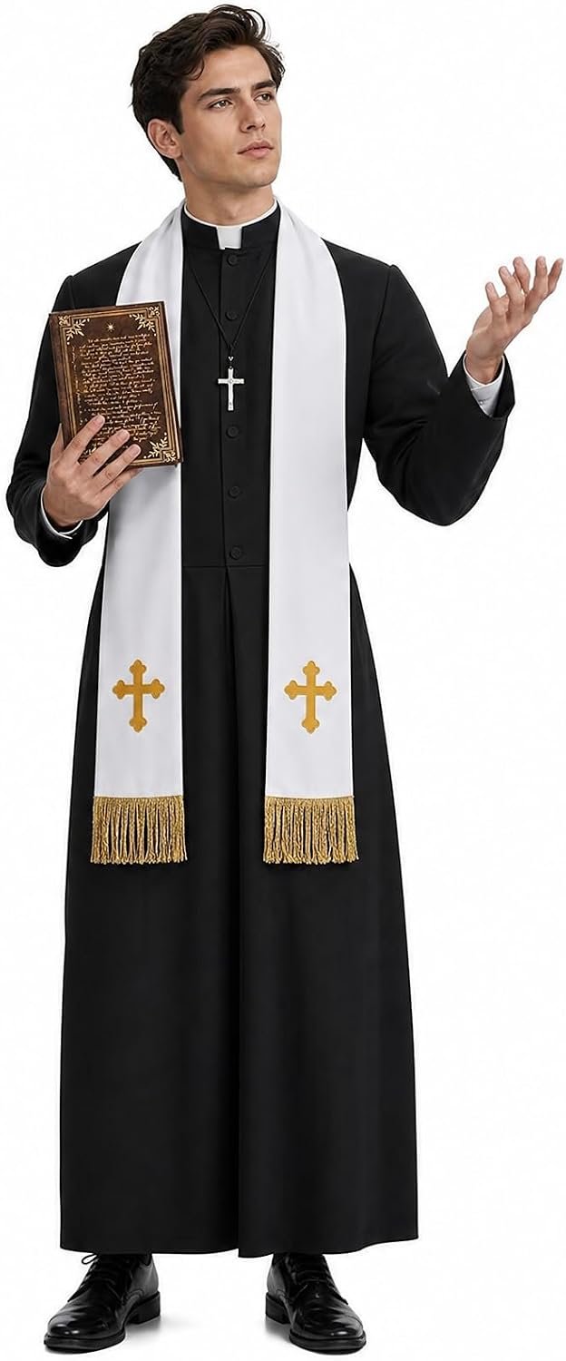 Priesterkostuum voor heren, 5-delig Halloweenkostuum voor heren met priestergewaad, stola, kruisketting, riem en notitieboek, Pfarrer exorcist kostuum voor carnaval, cosplay, themafeest