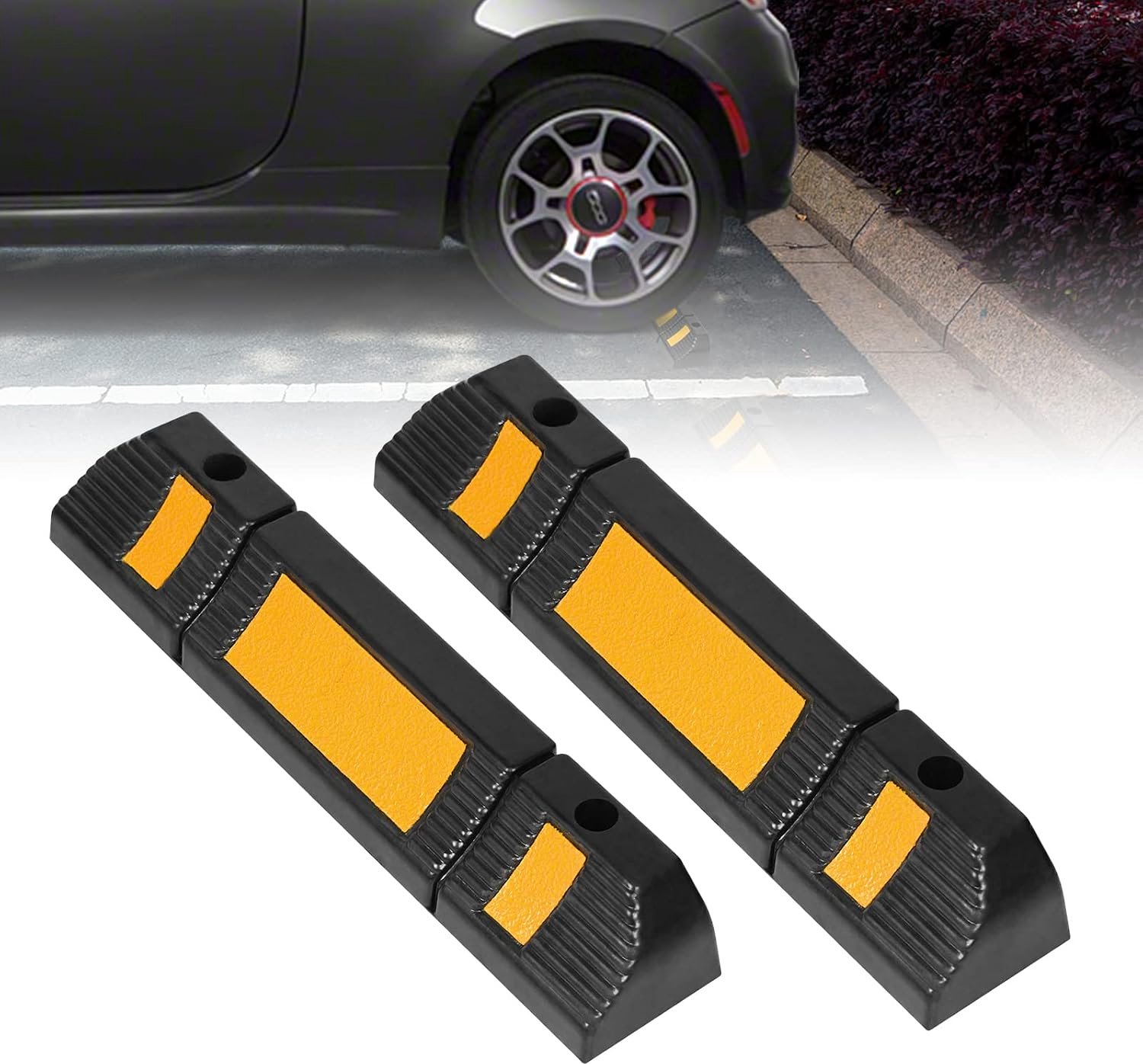 Wielstop-parkeerbegrenzing, rubberen wielblok parkeerbarrière, garagestopper met reflecterende strepen, zwart-geel, 2 stuks, 60 x 12 x 10 cm