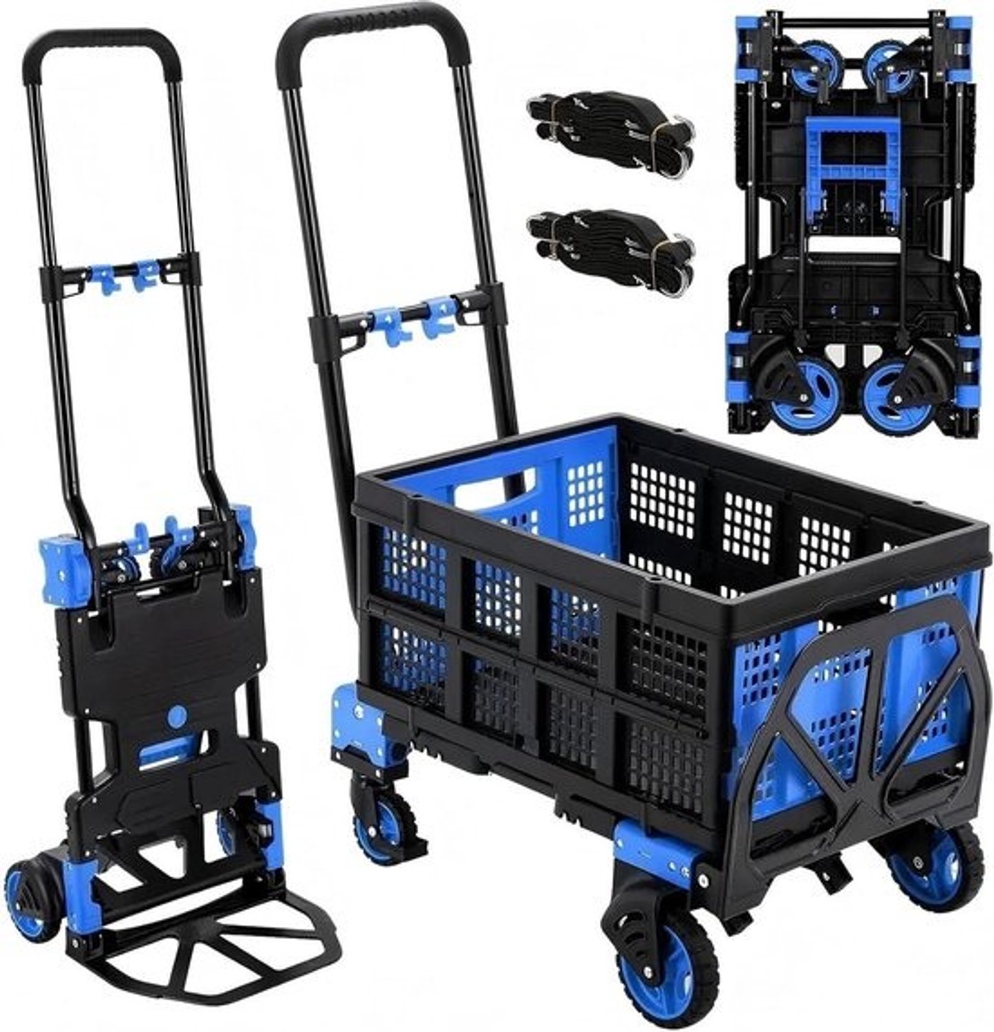 Opvouwbare steekwagen - Platte kar - Voor het verplaatsen van spullen - 2-in-1 ontwerp - 120 kg draagvermogen - Blauw