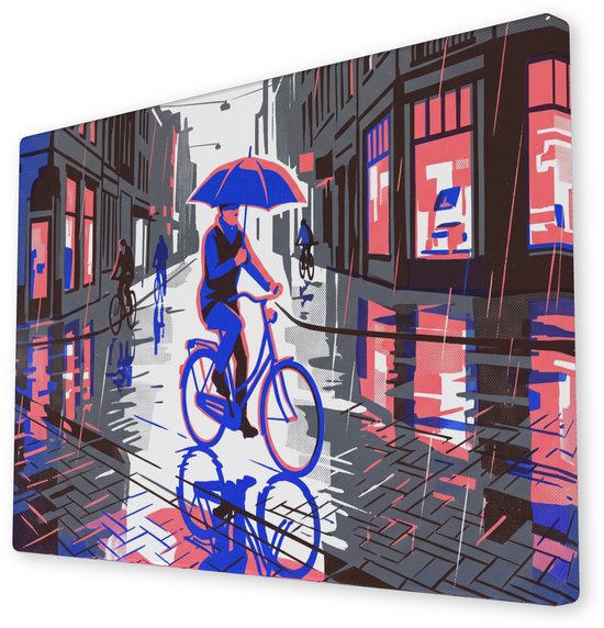 Canvas schilderij in zijaanzicht van een fietser met paraplu in een regenachtige stad met neon reflecties.