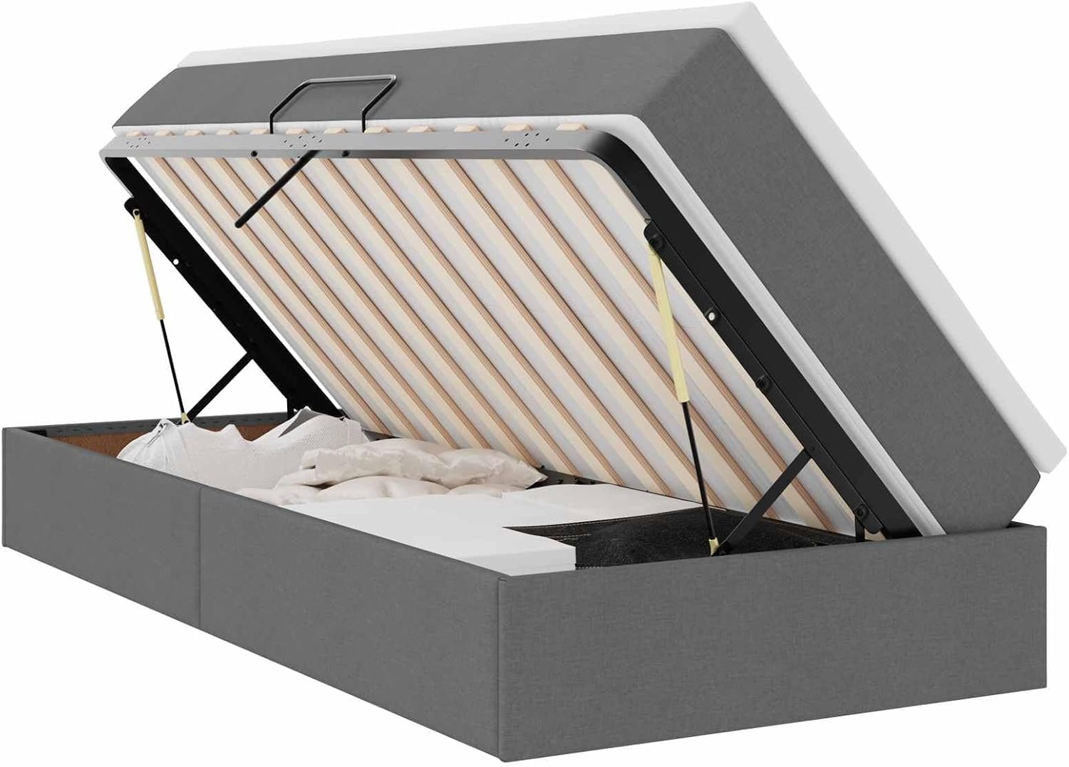 Bed donkergrijs 90x200 cm met matras, opbergbed met matras van polyester, bed met 90x200 met opbergruimte en metalen frame