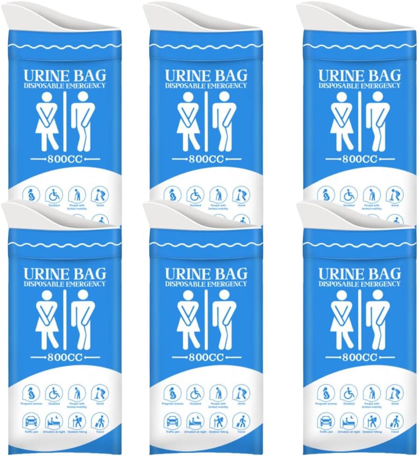 Reisurinoir, set van 6 urinoirzakken van 800 ml met absorberende gel, voor auto, camping en noodsituaties zonder toilet