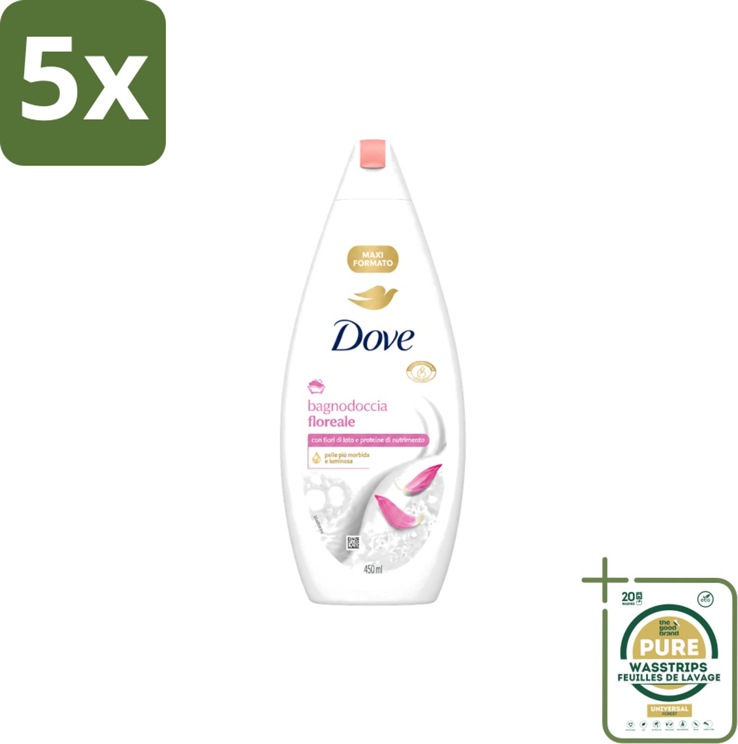 5 x Dove – Douchegel – Lotus Bloem – 450 ml - Wasstrips - Douchegel Lotus Bloem - Mild Reinigen - Huid Verzorgen - Hydraterende Douchegel - Lotusbloemextract