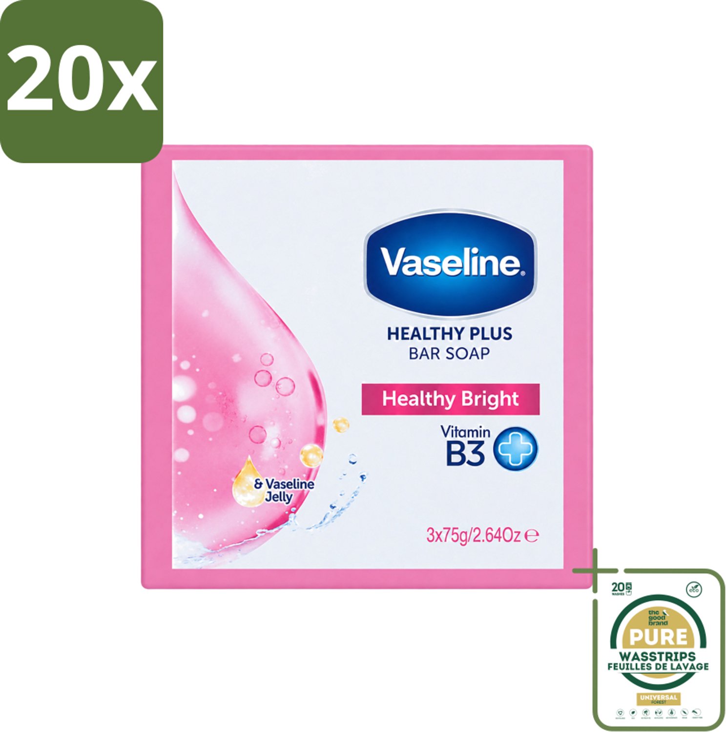 20 x Vaseline - Healthy Bright - Zeeptablet - Reinigend & Verzorgend - 3x75 ml - Wasstrips - Zeep - Huidverzorging - Reiniging - Gezond Huid - Handen Reinigen