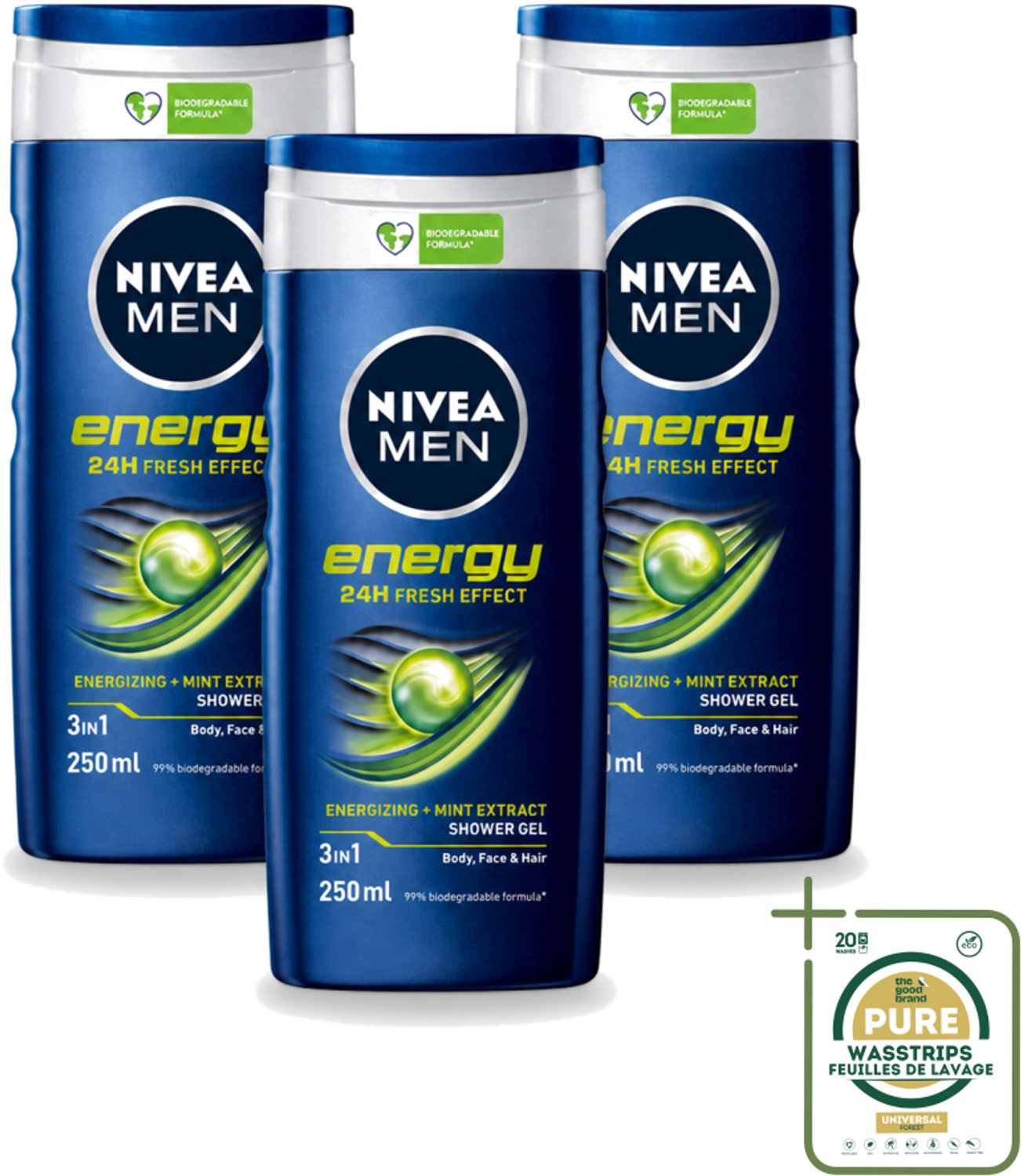 3 x Nivea - Men - Energy Douchegel - Langdurig Fris Gevoel - 250 ml - Wasstrips - Douchegel Voor Mannen - 2 In 1 Douchegel - Energieboost - Fris Gevoel - Mintextract