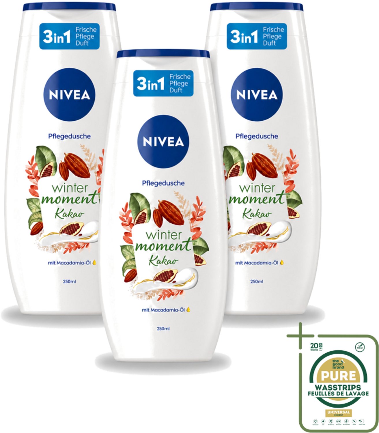 3 x Nivea - Douchegel - Winter Moment Cacao - 250 ml - Wasstrips - Douchegel - Winter Moment - Cacao - Verzorgende Douchegel - Huid Verzorging