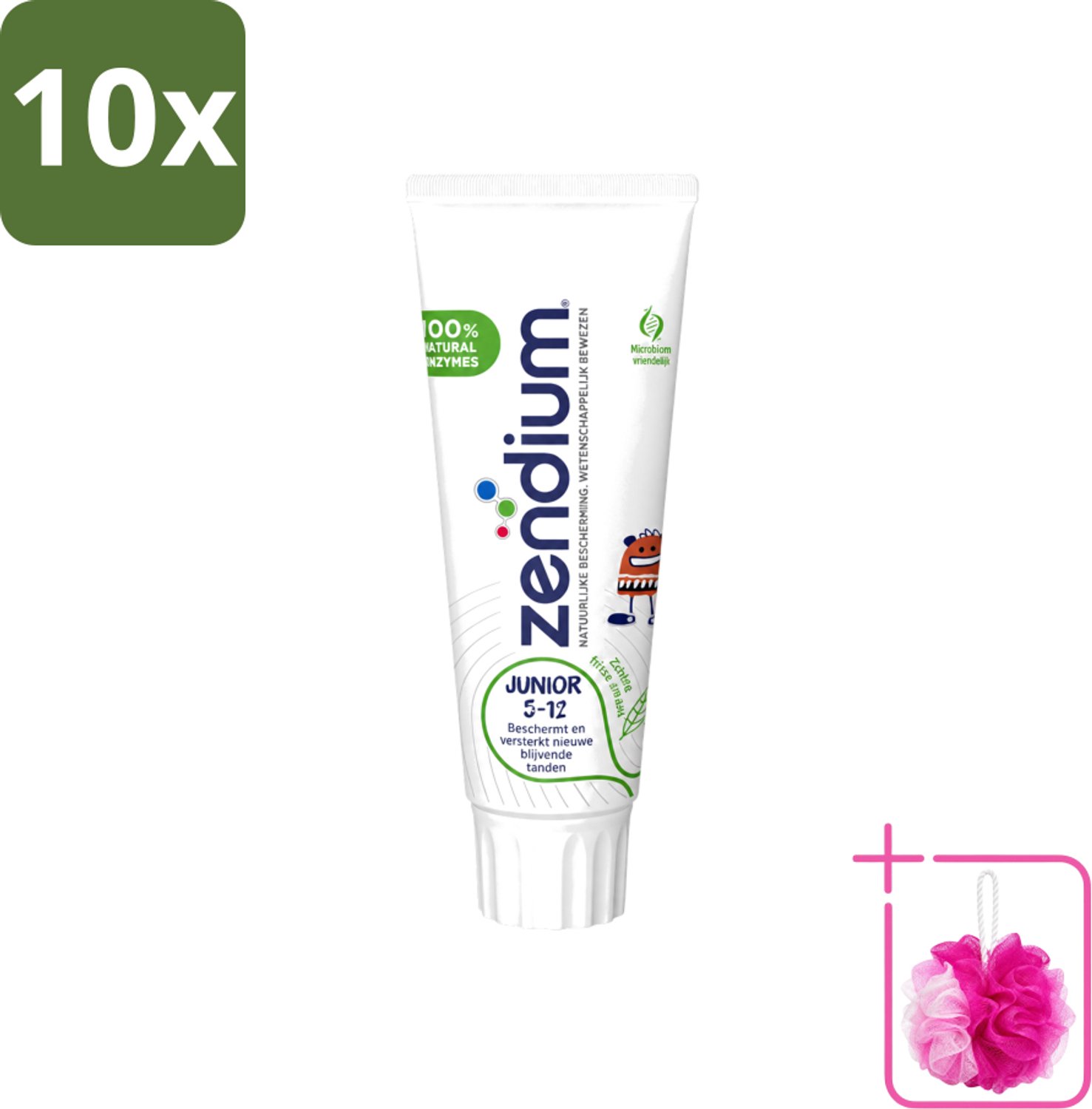 10 x Zendium - Junior 5-12 Jaar - Tandpasta - Natuurlijke Enzymen - 75 ml - Bulkverpakking - Tandpasta voor kinderen - Douchemop - Melktanden beschermen