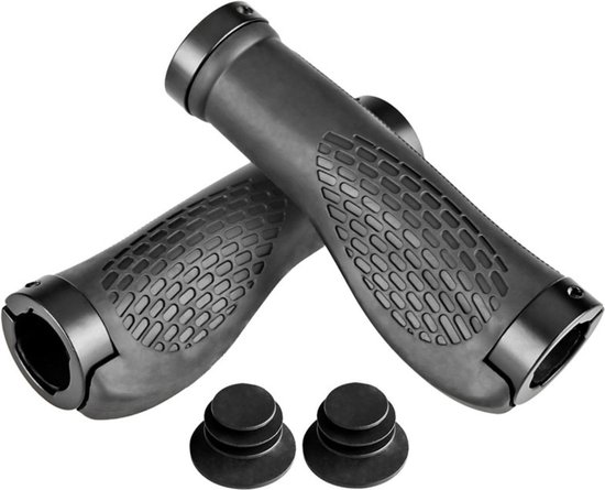 Twee zwarte, ergonomische fietsgrepen met honingraatpatroon en aluminium uiteinden, met twee zwarte pluggen.