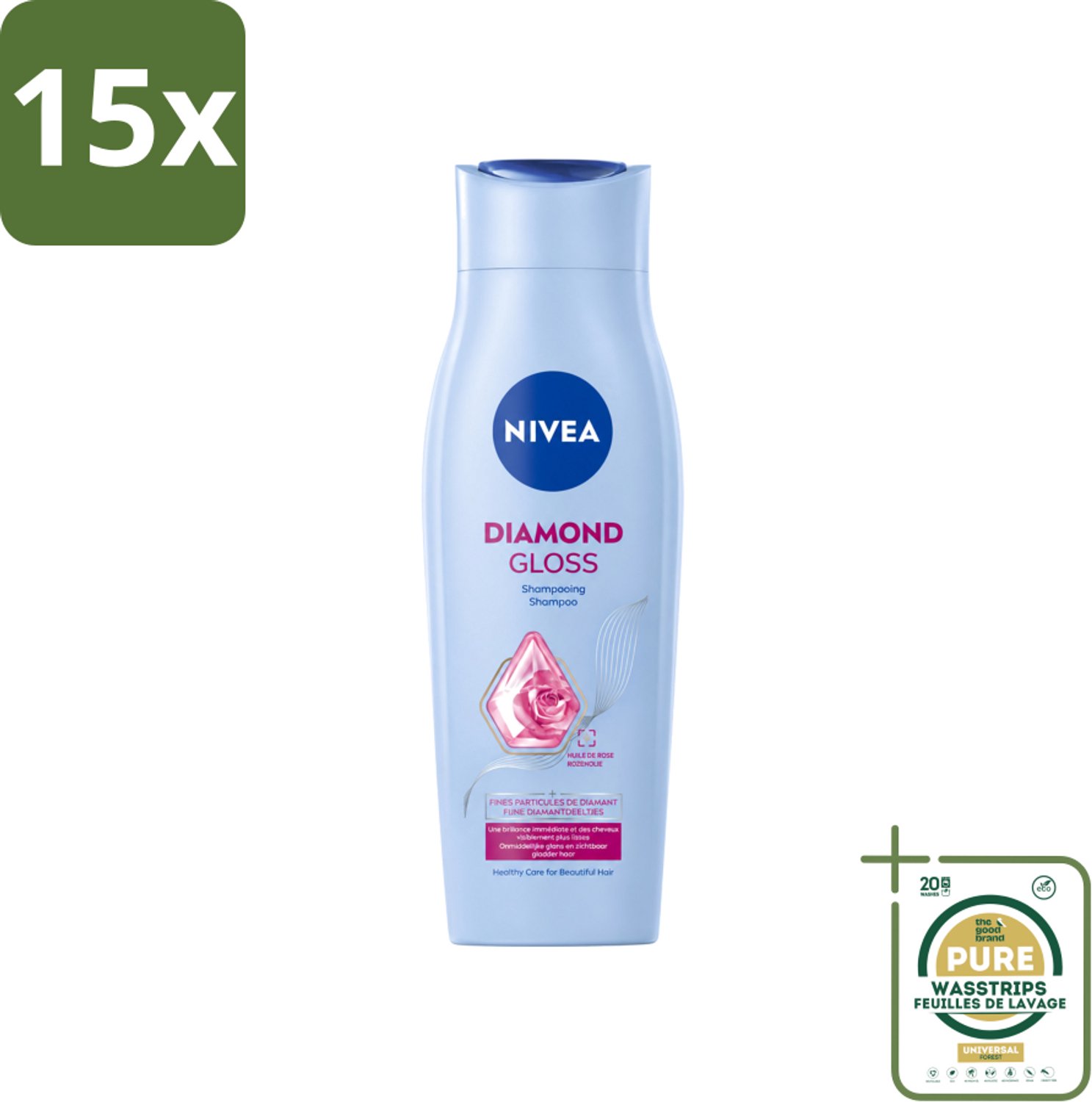 15 x Nivea - Shampoo - Diamond Gloss - 250 ml - Wasstrips - Diamanten Glans - Verzorging Haar - Schitterende Glans - Gezond Haar - Soepel Haar