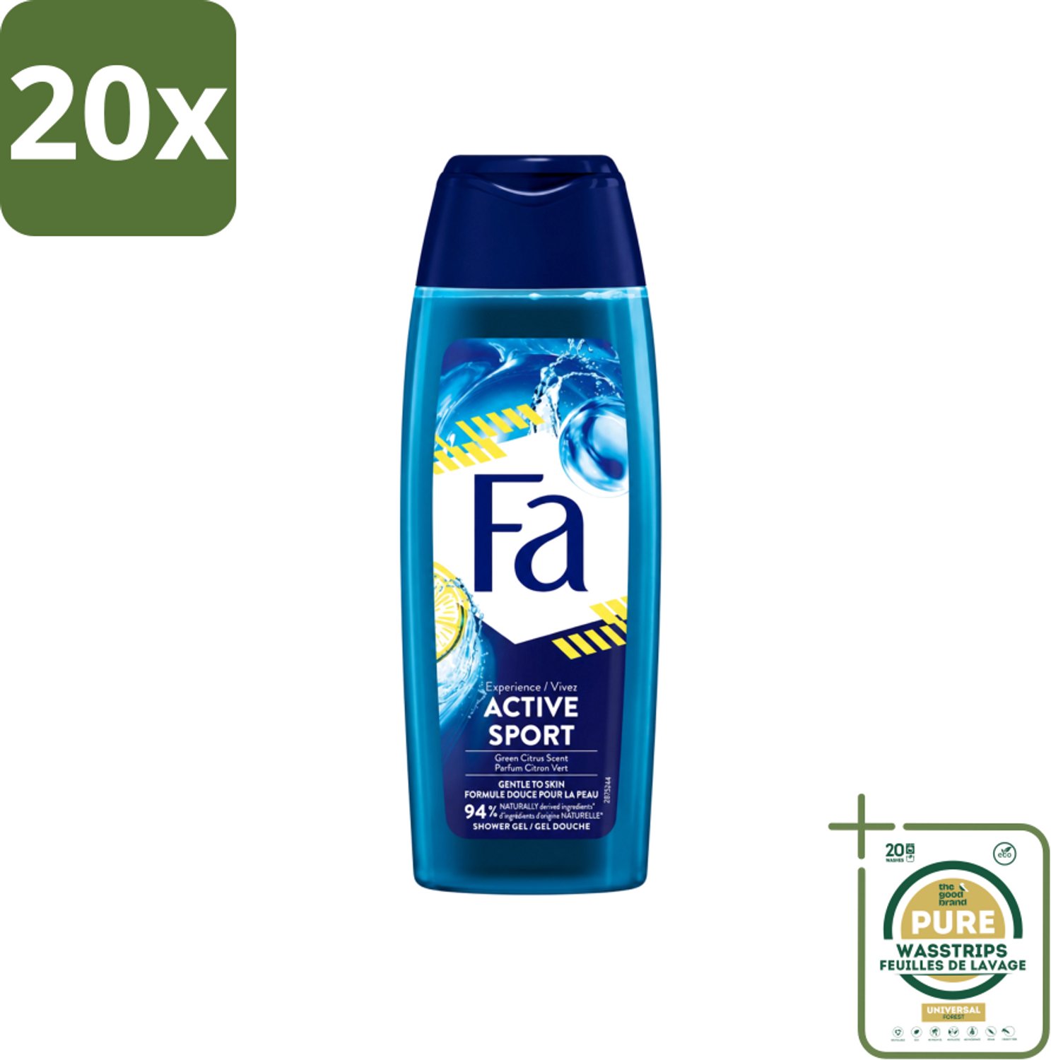 20 x Fa Men - Douchegel - Active Sport - Verfrissend - Green Citrus - 250 ml - Wasstrips - 48 Uur Bescherming - Sportieve Deodorant - Verfrissende Geur - Actieve Dag - Zweet En Geuren