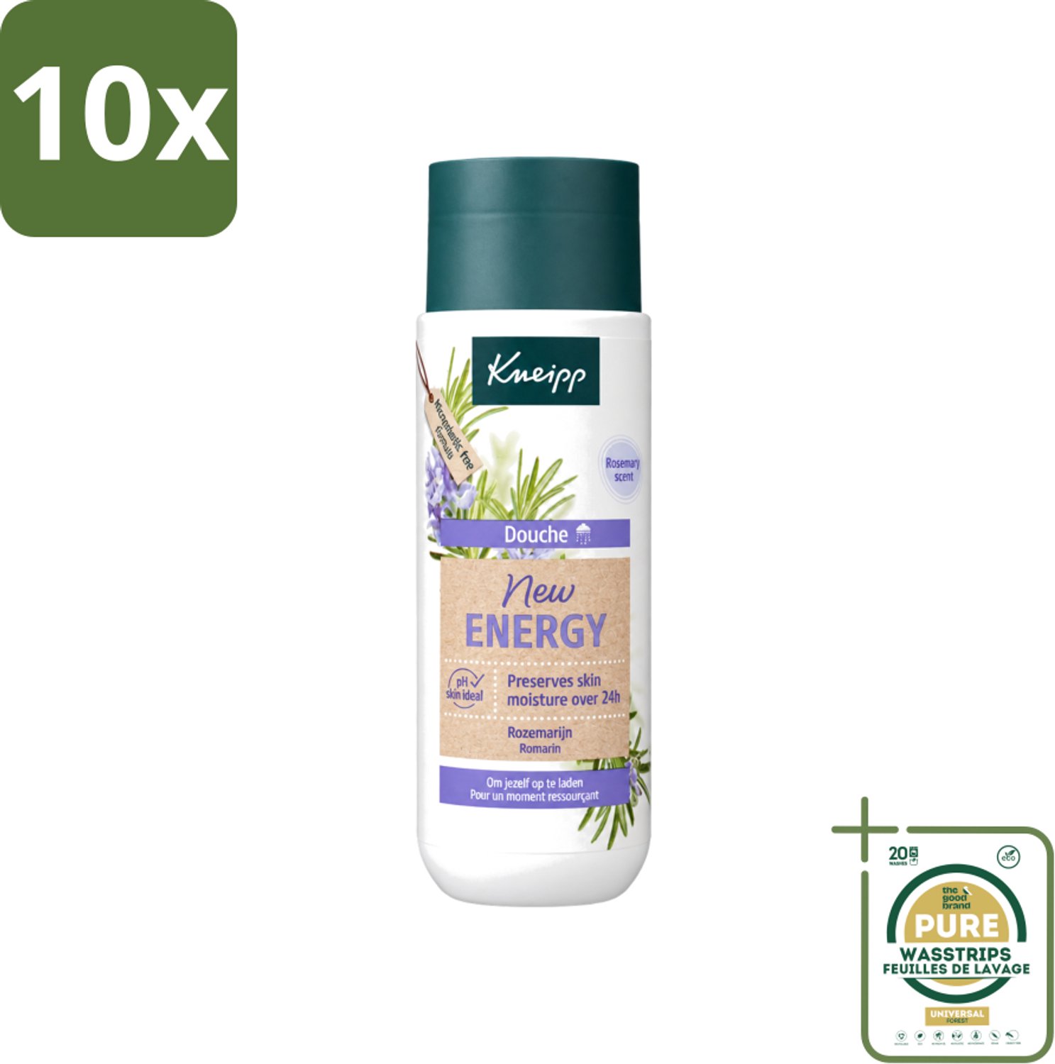 10 x Kneipp - Douchegel - New Energy - Energieke Geur - 200 ml - Wasstrips - Douchegel - Energie - Rozemarijn - Natuurlijke Geur - Hydraterend