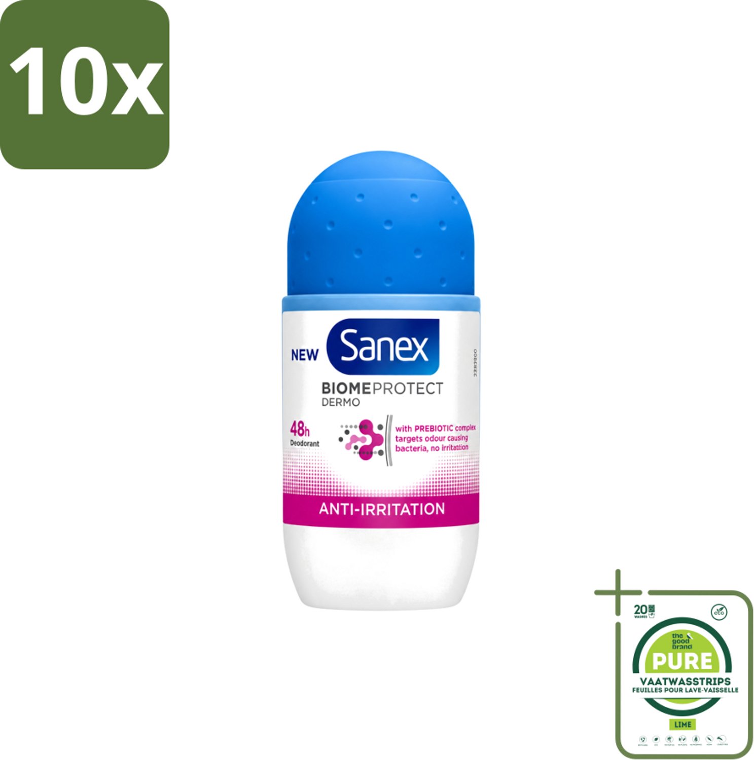 10 x Sanex – Deo Roll-on – BiomeProtect Dermo Anti-Irritation – 50 ml - Grootverpakking - Vaatwasstrips - Gevoelige Huid - Anti-irritatie - Deodorant Roller - Huidmicrobioom - PH Balans