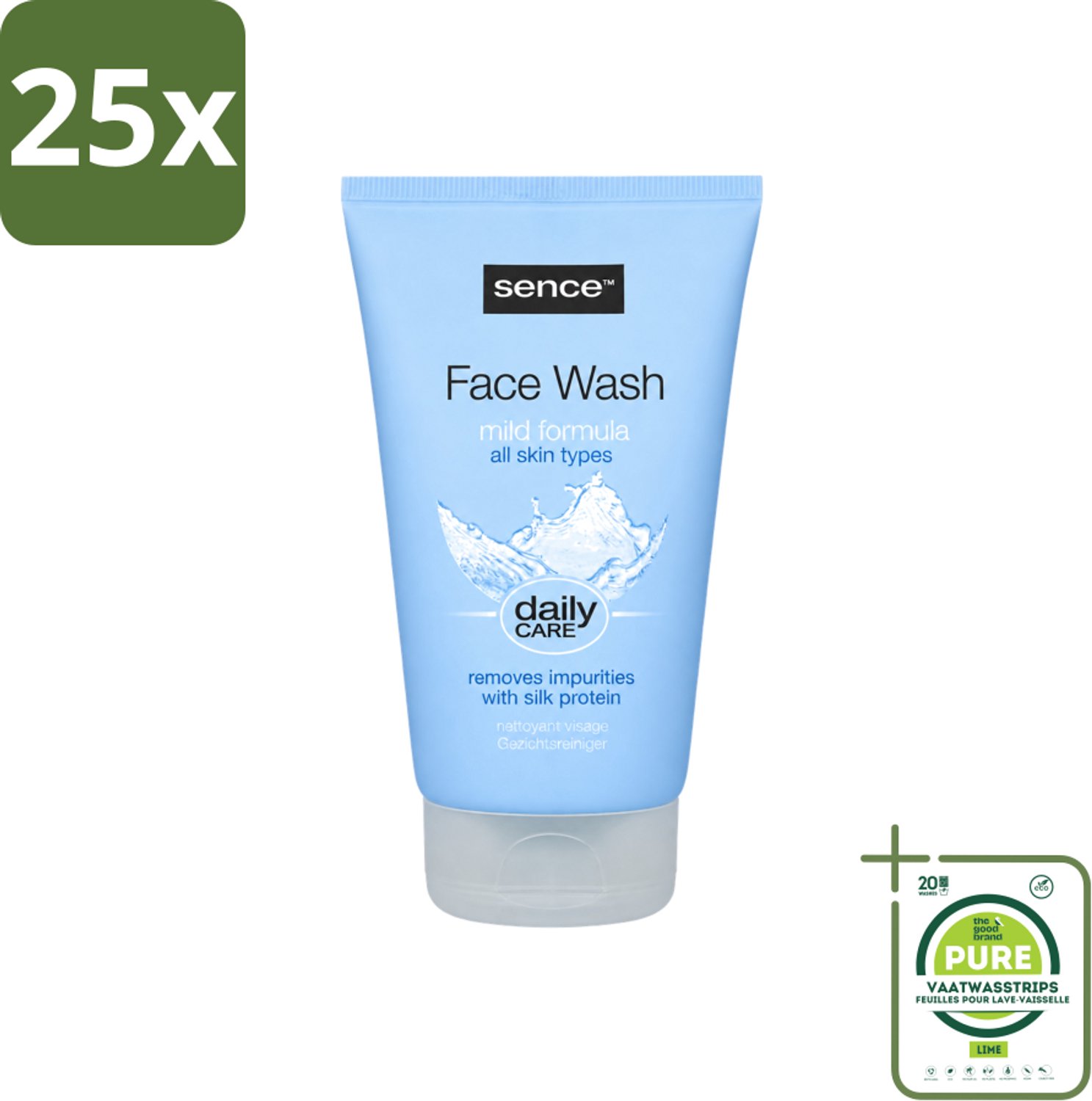 25 x Sence - Alle Huidtypes - Face Wash - Verfrissend - 150 ml - Grootverpakking - Vaatwasstrips - Face Wash - Huid Reinigen - Huid Verzorgen - Huid Verfrissen - Zijdeproteïne