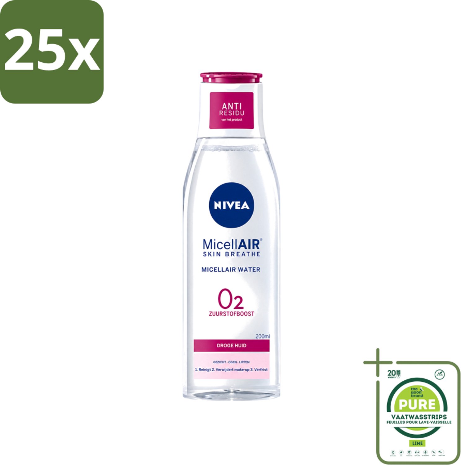 25 x Nivea - O2 Zuurstofboost Micellair Water - Droge Huid - 200 ml - Grootverpakking - Vaatwasstrips - Micellair Water - Droge Huid - Zuurstofboost - Reiniging - Hydratatie