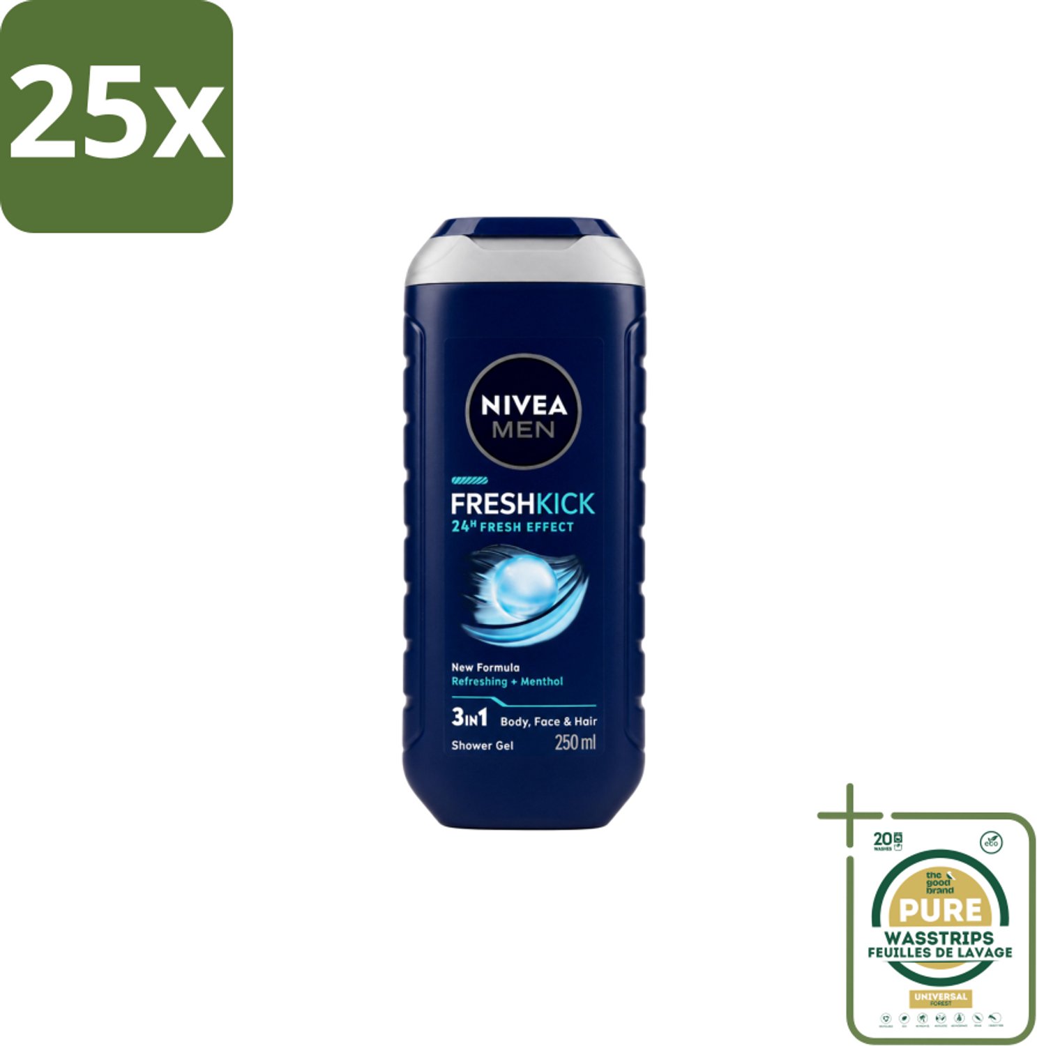 25 x Nivea Men – Douchegel – Fresh Kick – 250 ml - Wasstrips - Douchegel - Verfrissend - Munt - Verkoelend - Lichaam