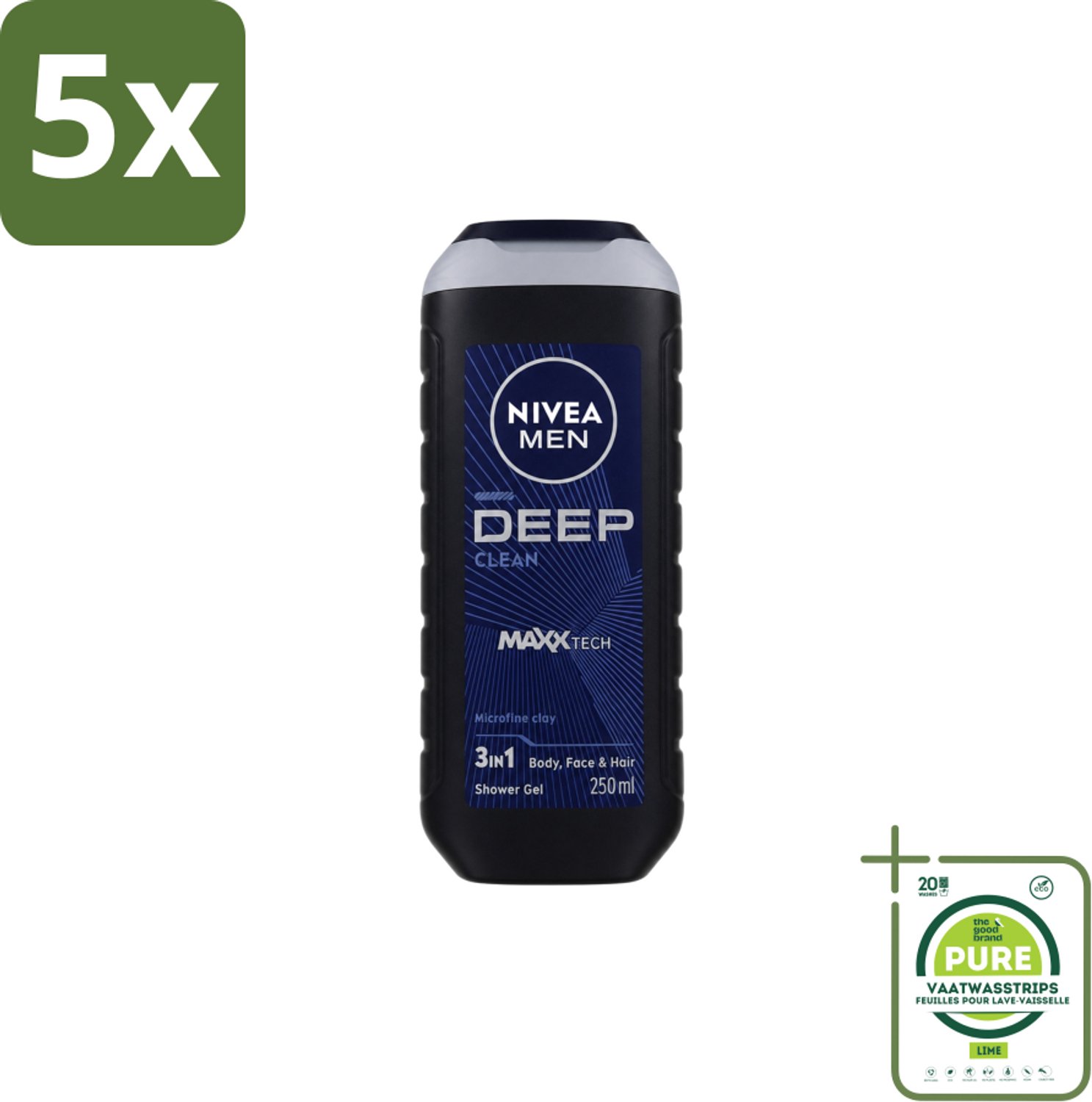 5 x Nivea Men – Douchegel – Deep Clean – 250 ml - Grootverpakking - Vaatwasstrips - Douchegel - Diepe Reiniging - Microfijne Klei - Huid Reinigen - Haar Reinigen