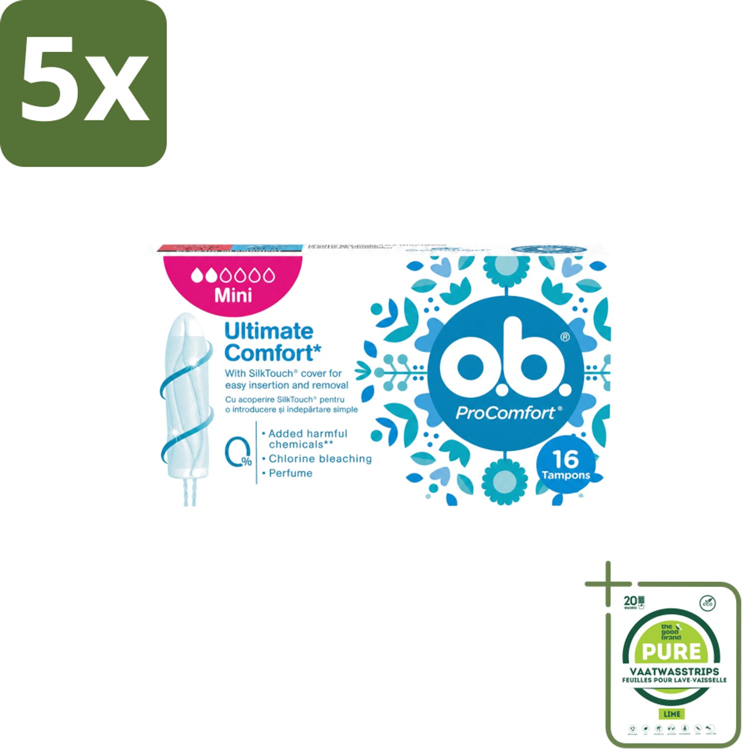 5 x OB – Tampons – ProComfort Mini – Comfort Fit - Grootverpakking - Vaatwasstrips - Tampons - Menstruatie - Comfort - Bescherming - Mini Tampons