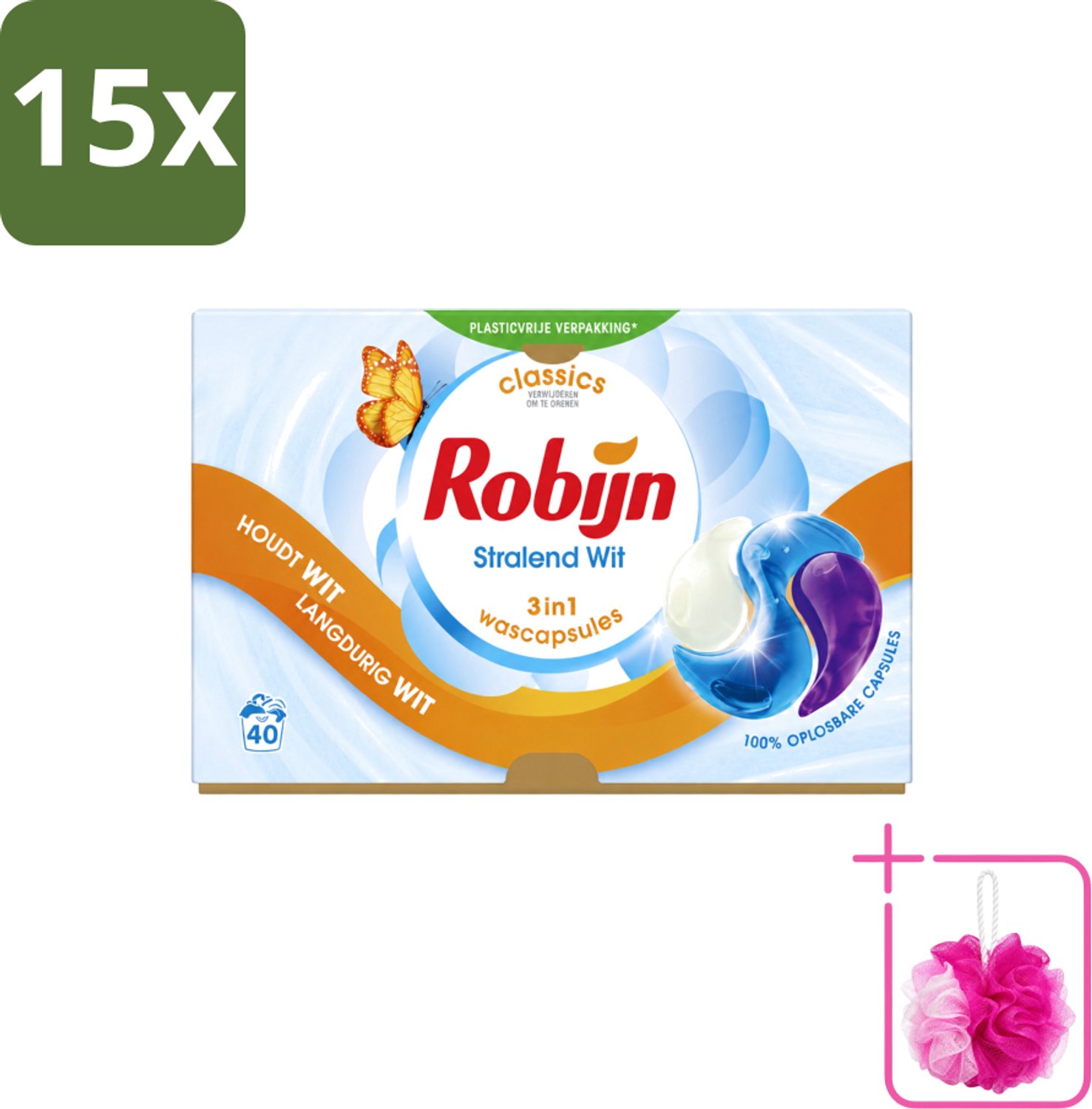 15 x Robijn - Stralend Wit - 3-in-1 Wascapsules - Houdt Langdurig Wit - 40 Wascapsules - Bulkverpakking - Wit was - Douchemop - Wascapsules