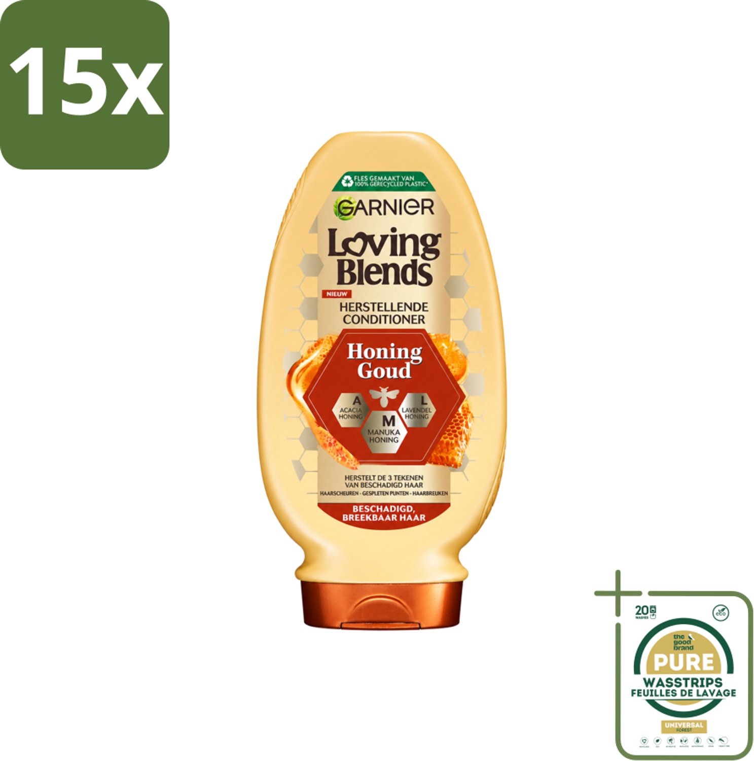 15 x Garnier - Loving Blends - Conditioner - Honing Goud - Beschadigd & Breekbaar Haar - 250 ml - Wasstrips - Beschadigd Haar - Haar Herstel - Haar Versterken - Honing Conditioner - Haarscheuren Verminderen