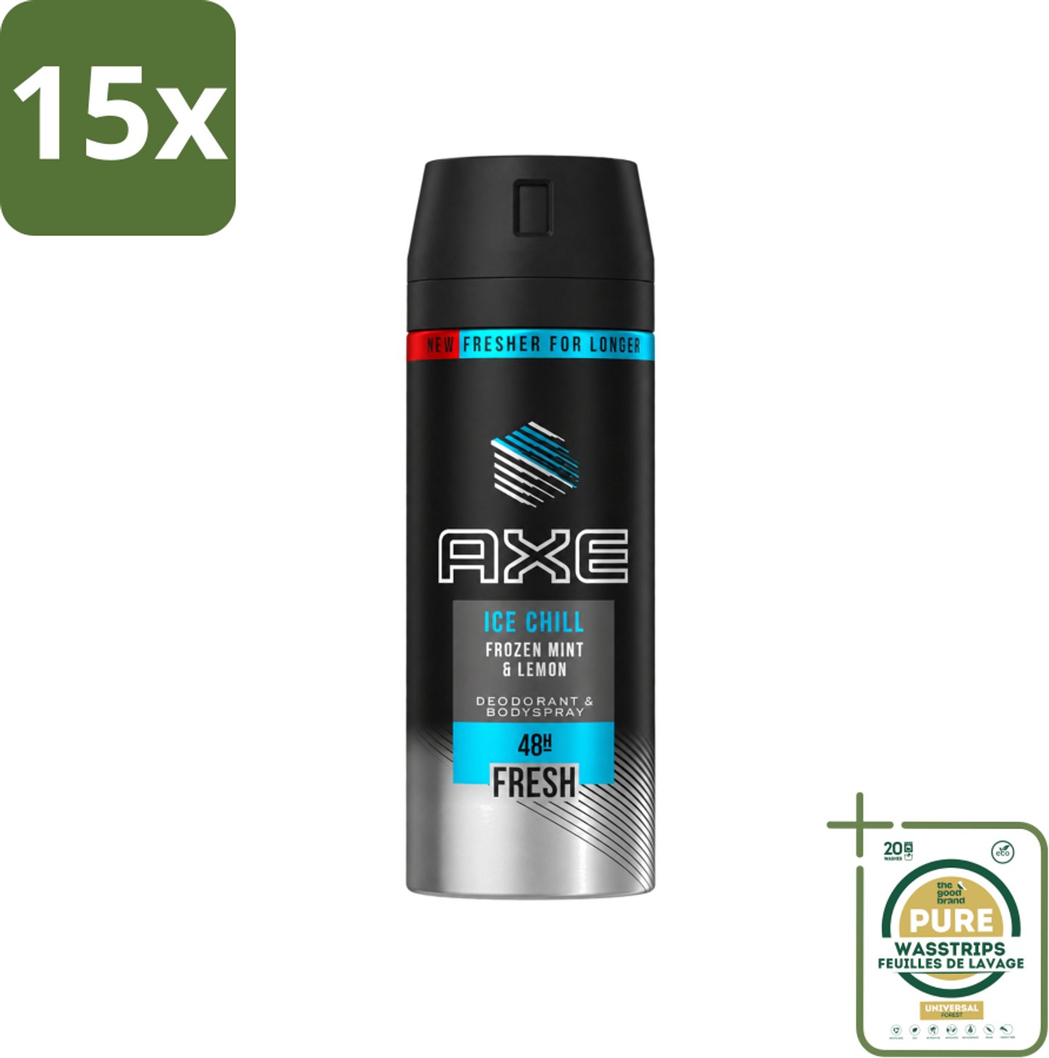 15 x Axe - Deodorant Bodyspray - 48hrs Fresh - Ice Chill - Frozen Mint & Lemon - 150 ml - Wasstrips - Axe Ice Chill - Deodorant Bodyspray - 48h Fresh - Bevroren Munt En Citroen - Geurbestrijding