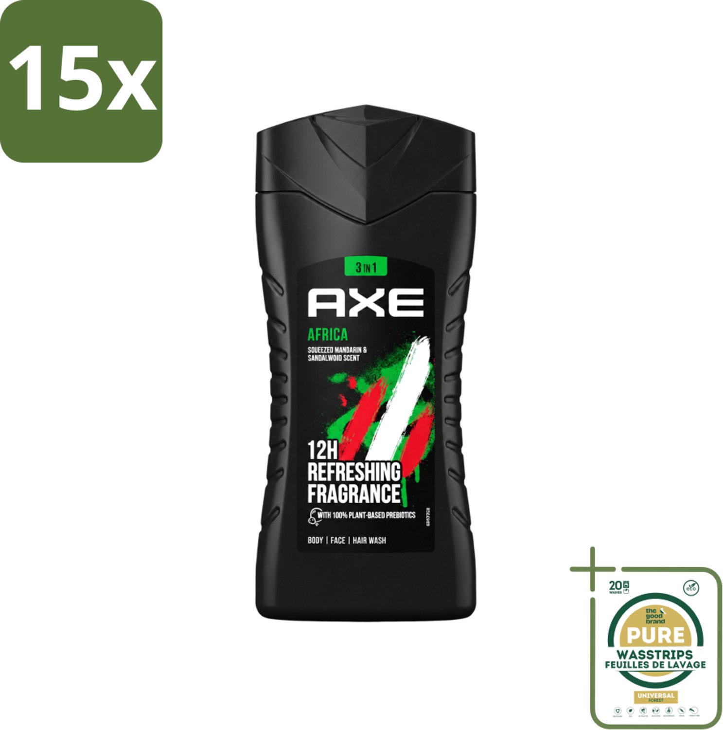 15 x Axe - 3-in-1 Douchegel - Africa - Squeezed Mandarin & Sandalwood - 100% Plantaardig - 250 ml - Wasstrips - Axe Africa Douchegel - Douchegel - 3-in-1 Douchegel - 100% Plantaardig - Mandarin En Sandalwood