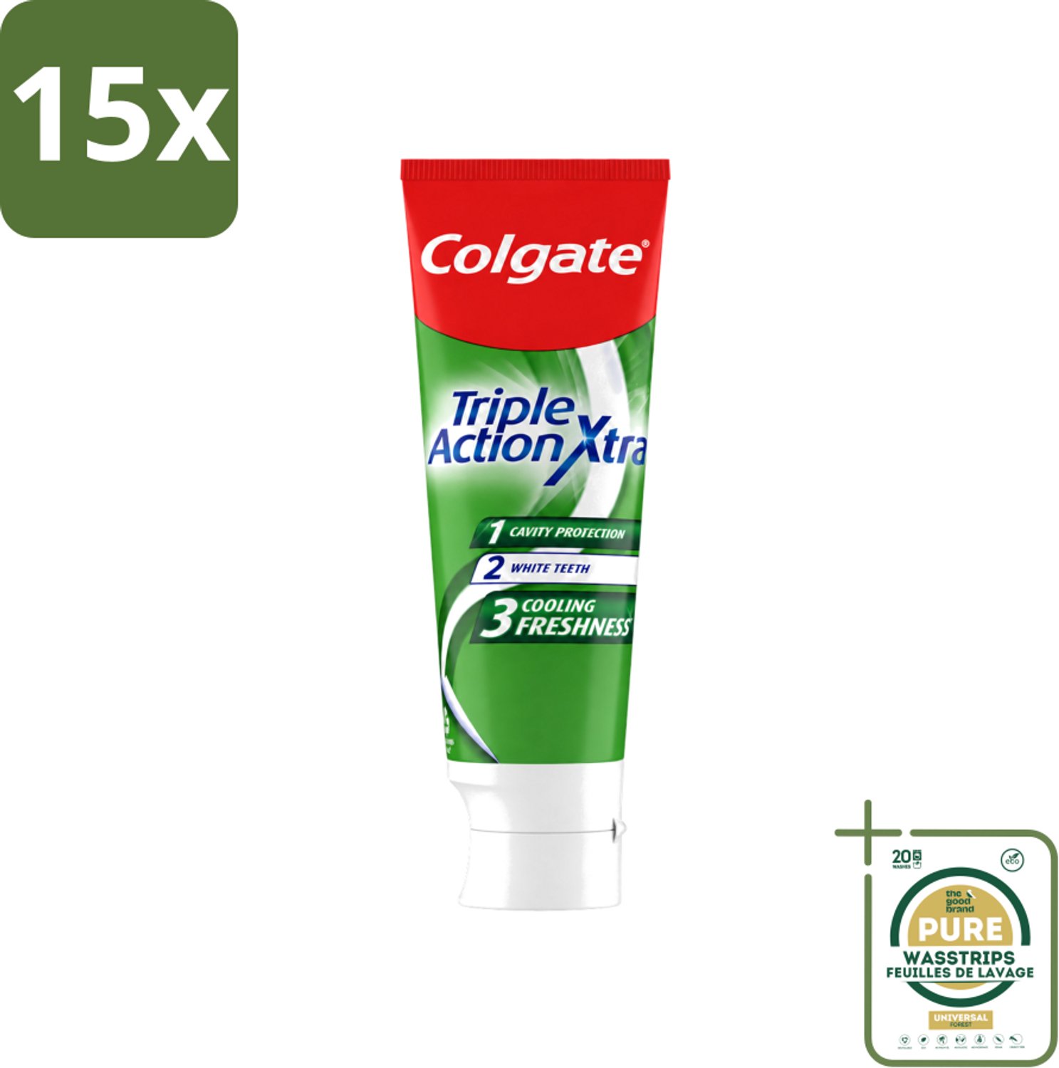 15 x Colgate - Triple Action - Xtra Fresh - Tandpasta - 75ml - Wasstrips - Tandpasta - Gaatjes - Tanden - Frisse Adem - Witte Tanden