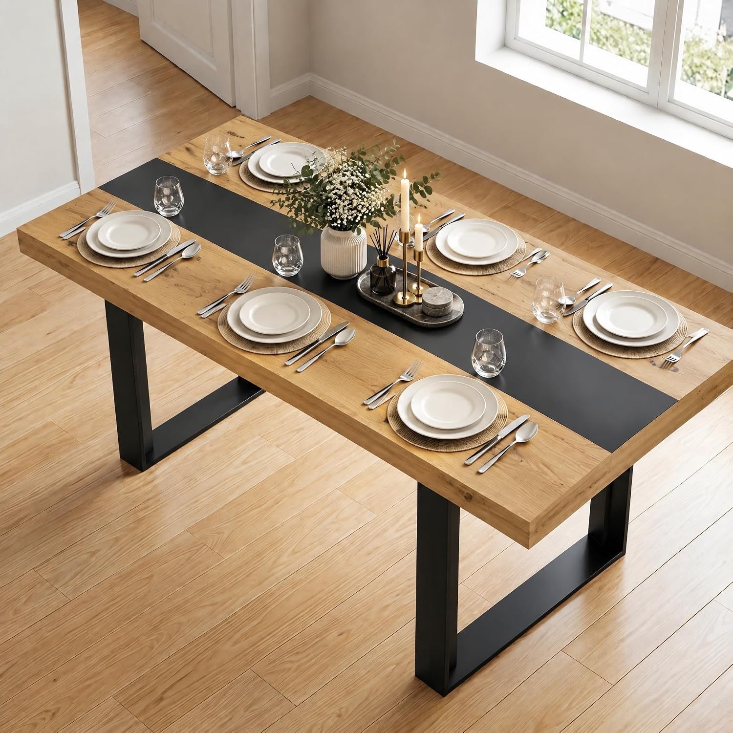 Eettafel, 180 x 90 x 75 cm, rechthoekige tafel voor 6-8 personen, geschikt voor eetkamer, keuken, woonkamer, vergaderruimte, 15 mm spaanplaat, stabiele paneelpoten/tafelblad (eikennerf)