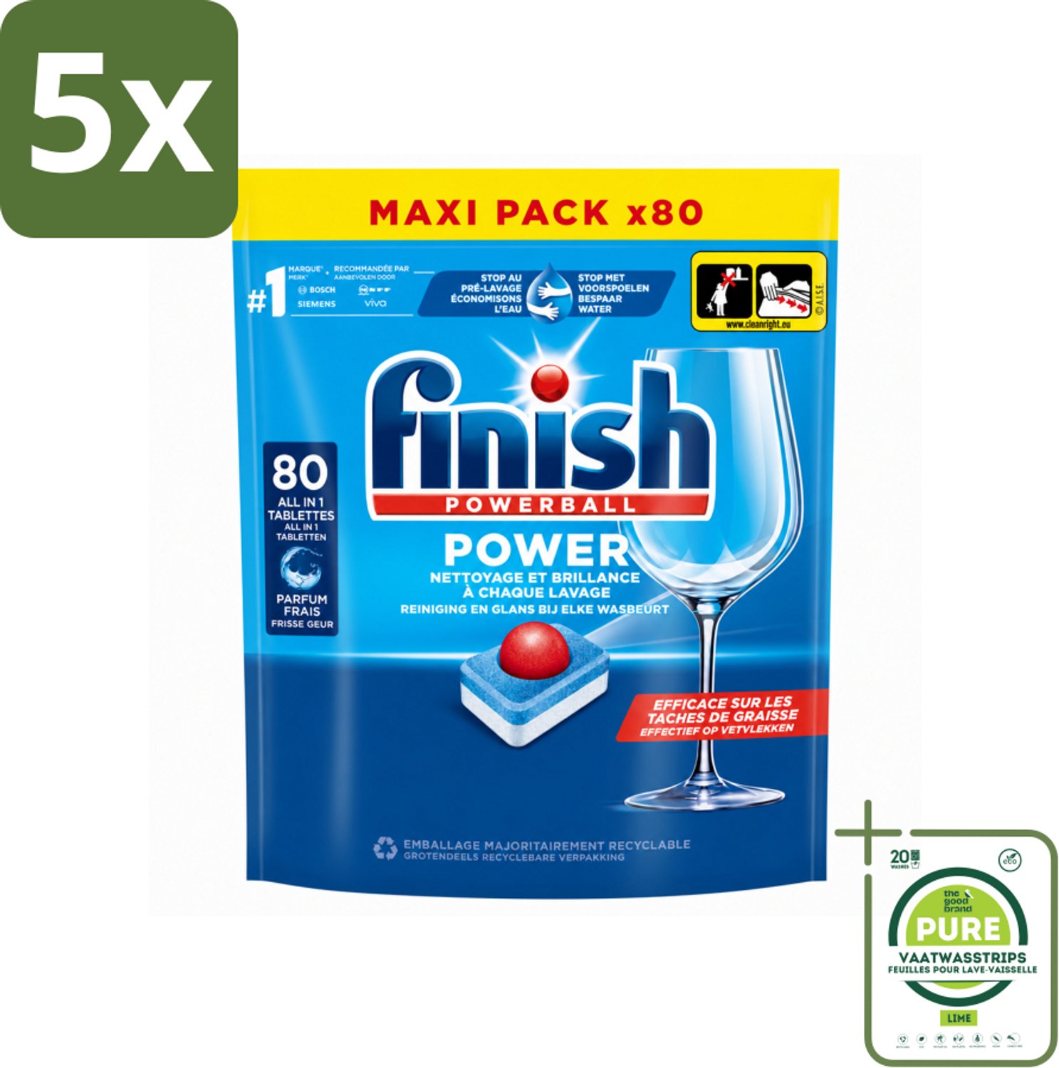 5 x Finish - Vaatwasmiddel - Power All in One Regular - Effectieve Alles-in-1 Reiniging - 80 capsules - Grootverpakking - Vaatwasstrips - Vaatwas - Vaatwasser - Vaatwas Tablet - Vaatwas Oplossing - Vaatwas Product