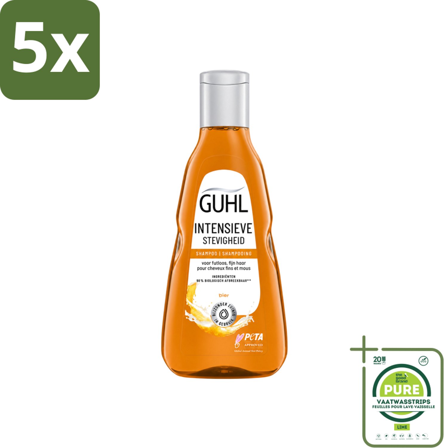 5 x Guhl - Shampoo - Intensieve Stevigheid - 250 ml - Grootverpakking - Vaatwasstrips - Haarversterking - Volume - Stevigheid - Bierextract - Krachtig Haar