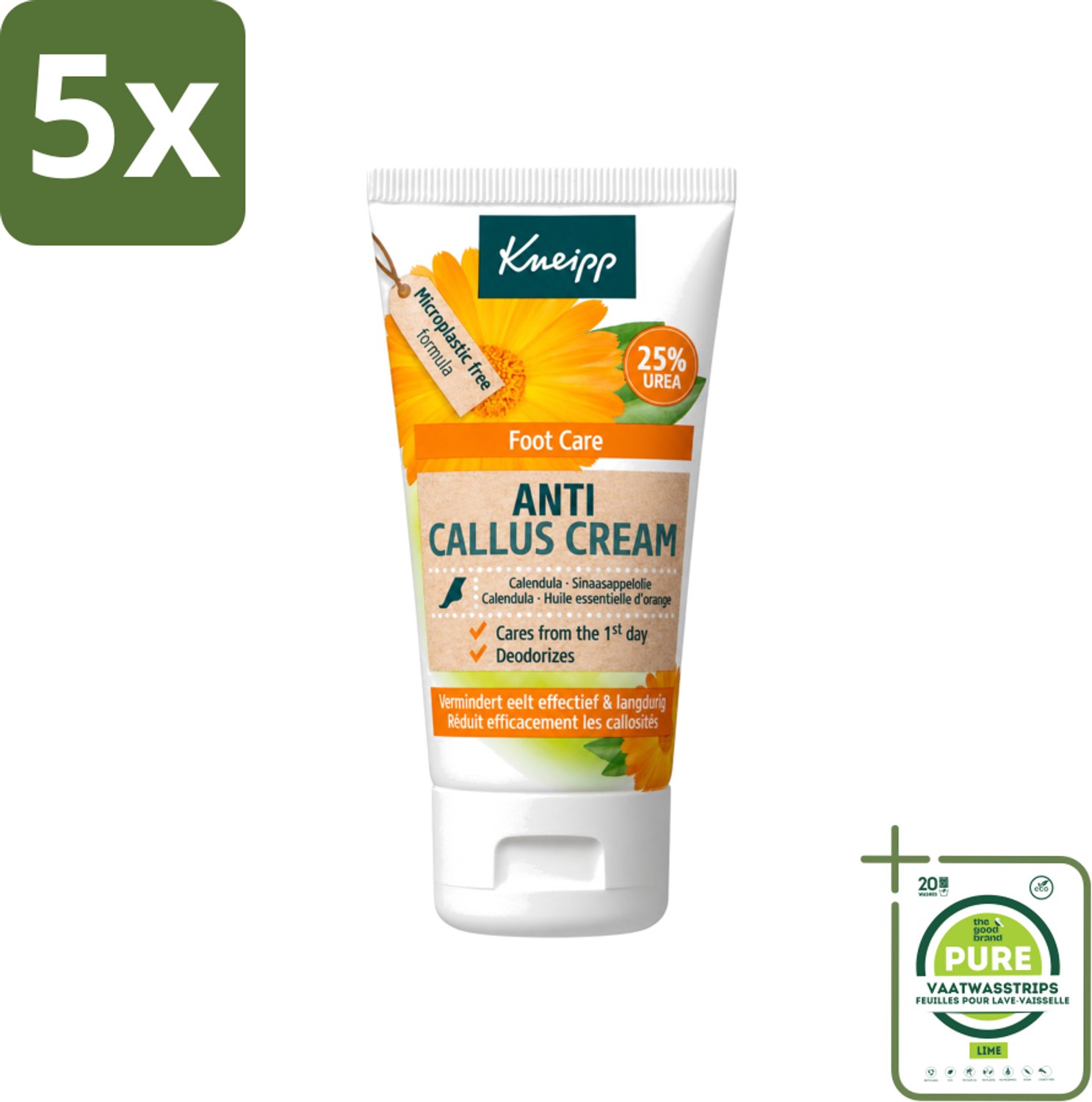 5 x Kneipp - Eeltcrème - Calendula - 25 % ureum - Voor zachte & soepele voeten - 50 ml - Grootverpakking - Vaatwasstrips - Eeltcrème - Voeten Verzorgen - Ureum Crème - Eelt Verminderen - Voeten Verzorging