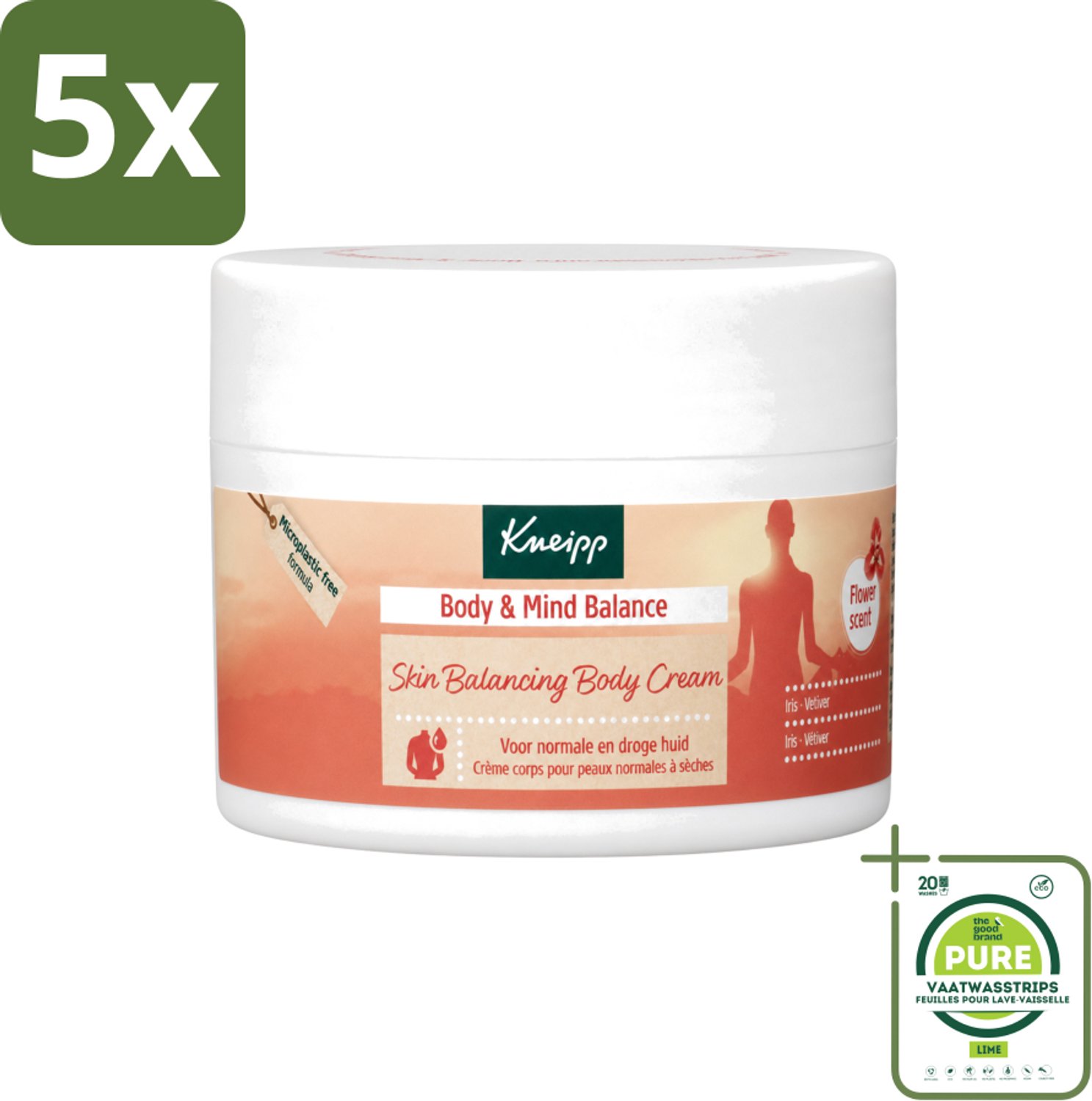 5 x Kneipp - Body crème - Body & Mind Balance - Iris & Vetiver - 200 ml - Grootverpakking - Vaatwasstrips - Kneipp Bodycrème - Balans - Ontspanning - Huidverzorging - Iris