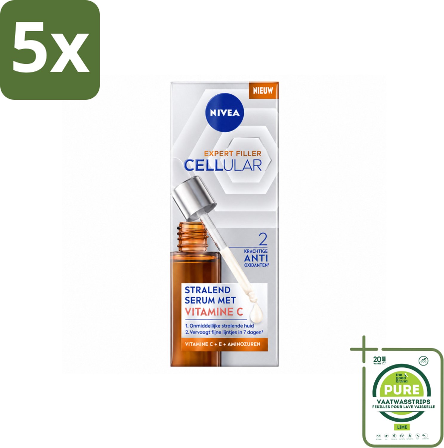 5 x Nivea - Cellular - Expert Filler Vitamine C Serum - Voor Stralende Huid - 30 ml - Grootverpakking - Vaatwasstrips - Huidverzorging - Anti-aging Serum - Vitamine C Serum - Stralende Huid - Fijne Lijntjes Verminderen