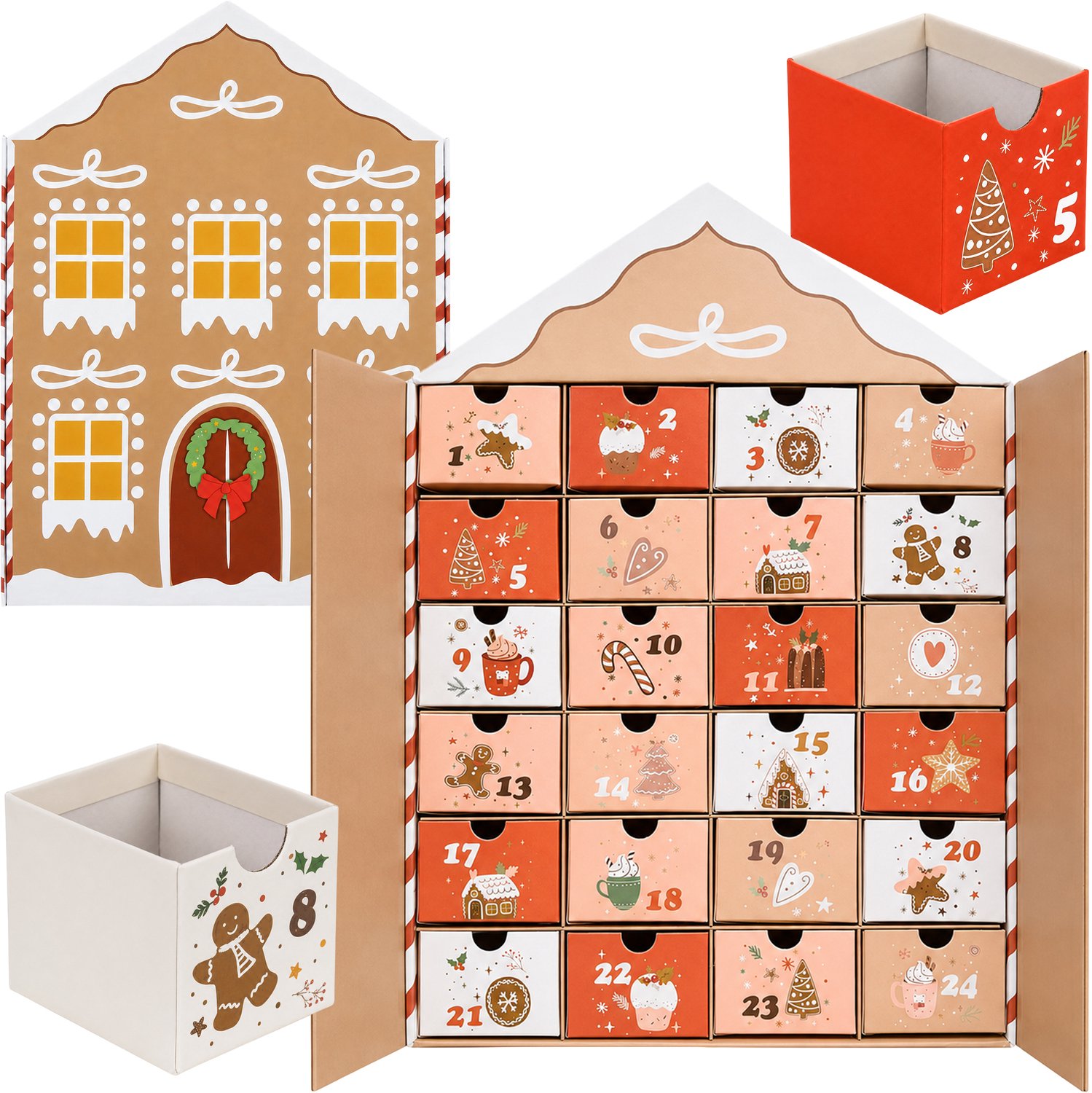 Adventskalender huisje met 24 laatjes - 35 x 25 x 12,5 cm - Karton - Zelf te vullen