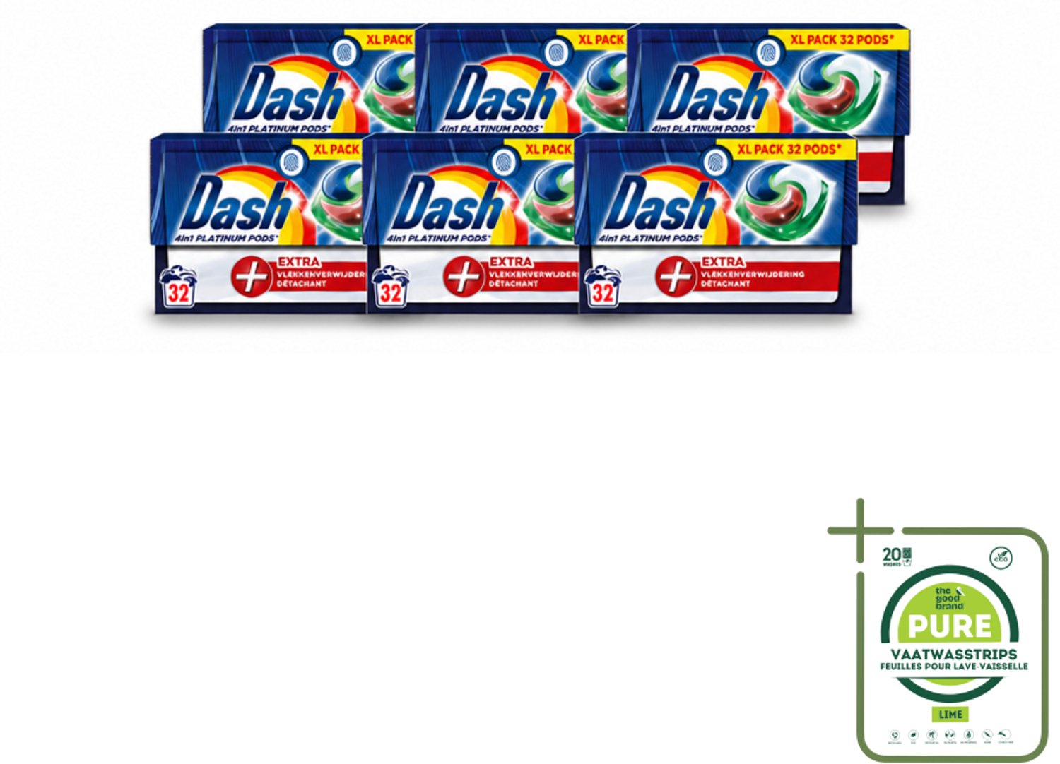 6 x Dash - 4in1 Pods +Extra Vlekkenverwijderaar - Wasmiddelcapsules - Intensieve Reiniging - 32 Wasbeurten - Grootverpakking - Vaatwasstrips - Wasmiddel - Wasbeurt - Vlekkenverwijderaar - Waskracht - Kleurverzorging