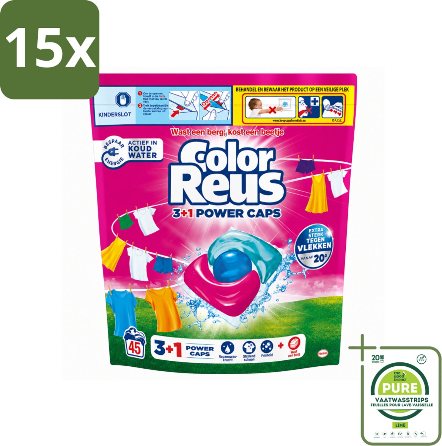 15 x Color Reus - 3+1 Power Caps - Gekleurde Was - 45 Wasbeurten - Grootverpakking - Vaatwasstrips - Was Capsules - Gekleurde Was - Kleurbescherming - Vlekverwijdering - Krachtige Was