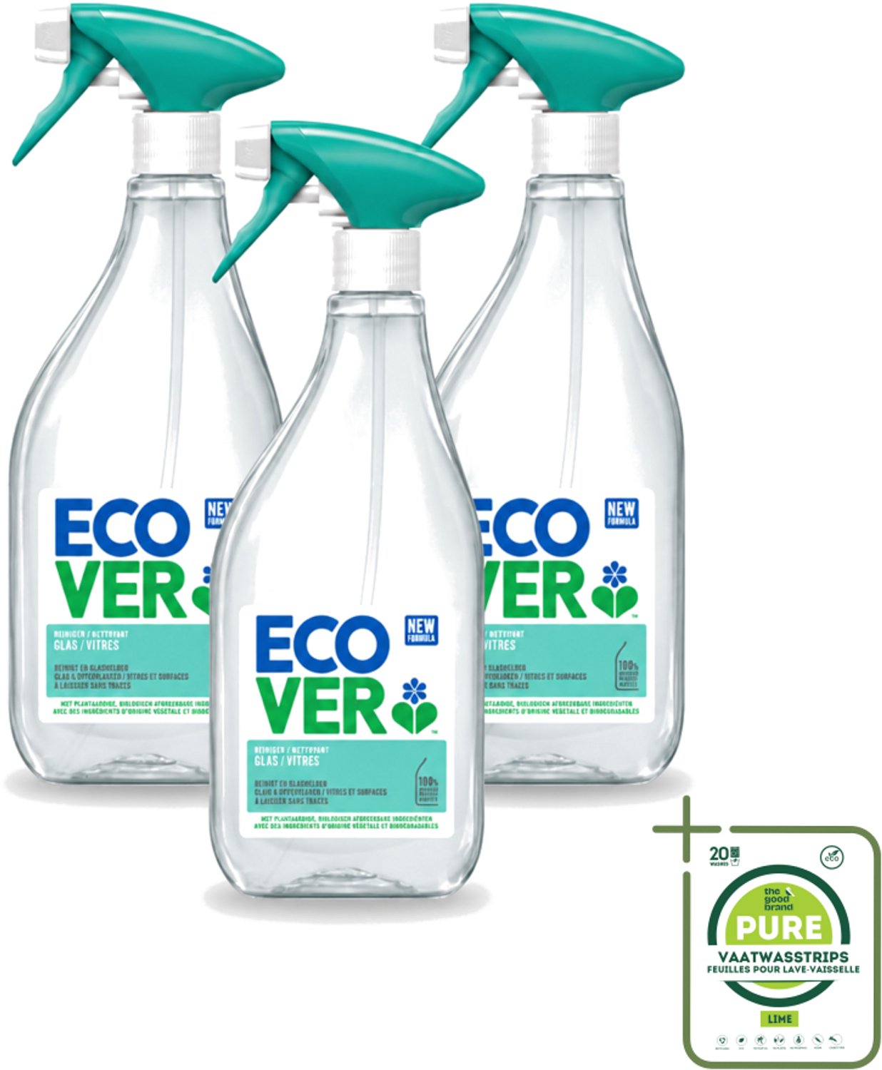 3 x Ecover - Glasreiniger Spray - 500 ml - Grootverpakking - Vaatwasstrips - Glas Reinigen - Glas Reiniger - Glas Schoonmaken - Glas Spiegel Reinigen - Plantaardige Reiniger