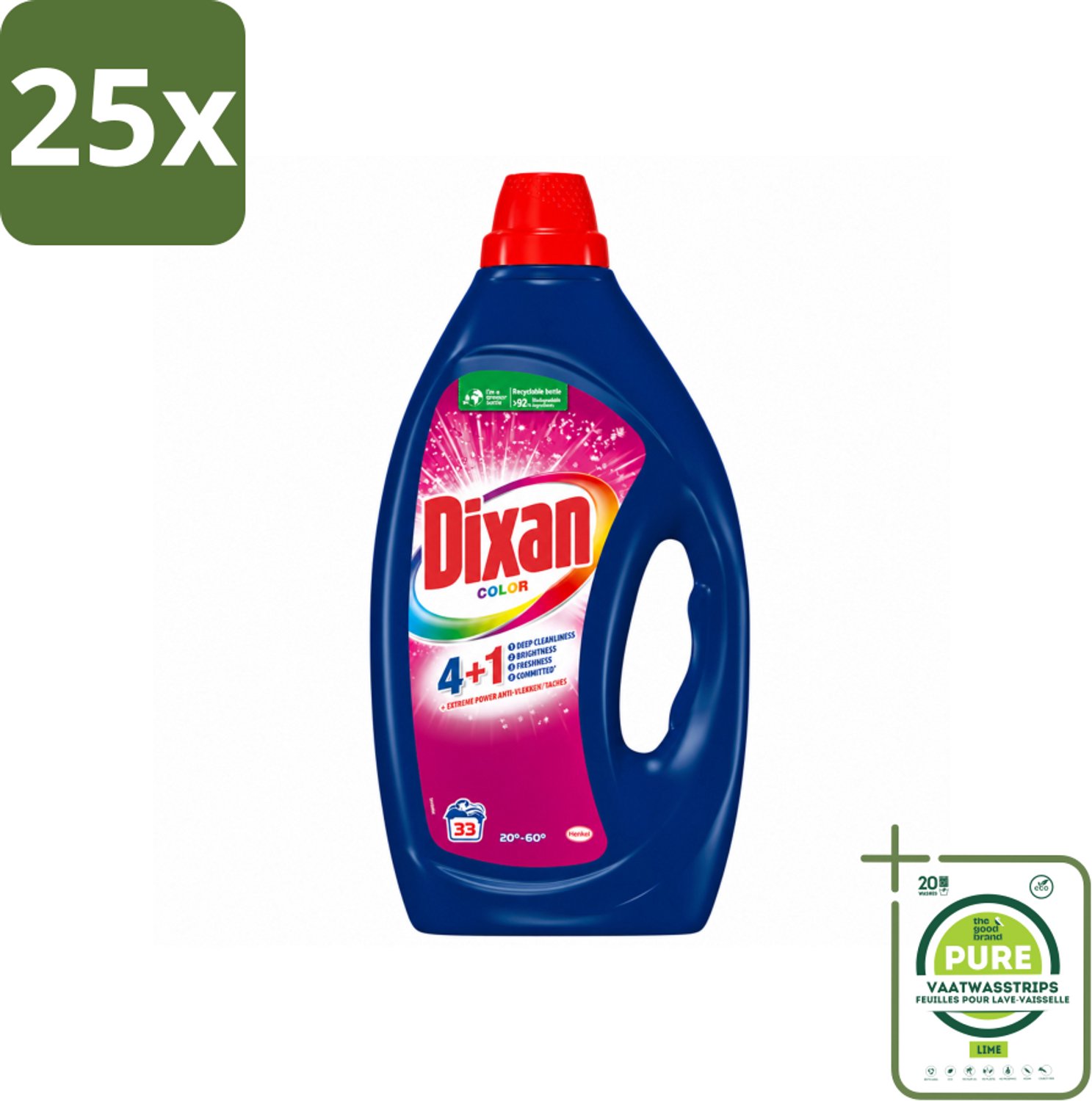 25 x Dixan - Vloeibaar wasmiddel - Voor gekleurde was - 33 wasbeurten - Grootverpakking - Vaatwasstrips - Kleurbehoud - Wasmiddel Voor Gekleurd Textiel - Anti-kleurtransfer - Vlekverwijdering - Wasmiddel Voor Shirts