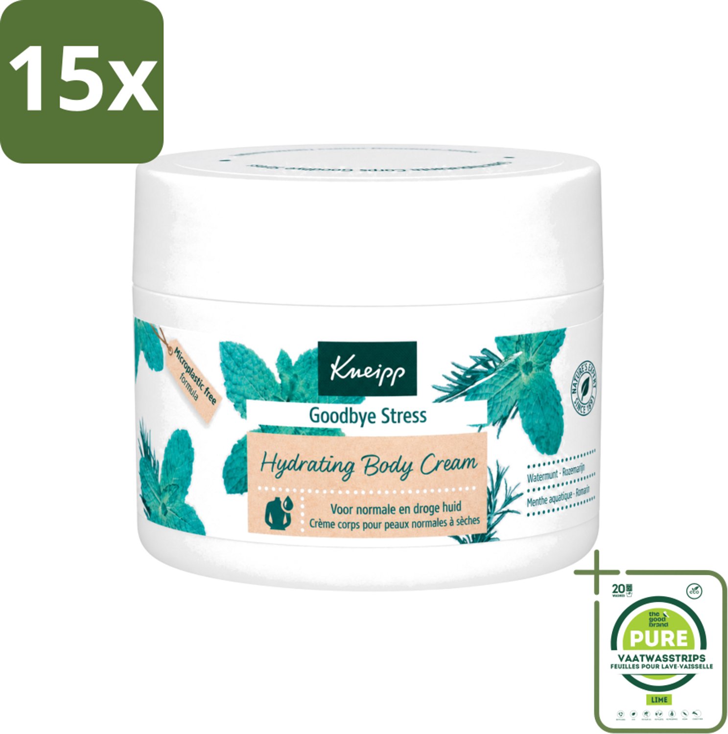 15 x Kneipp - Body crème - Goodbye Stress - Watermunt & Rozemarijn - 200 ml - Grootverpakking - Vaatwasstrips - Stressvermindering - Huidverzorging - Aromatherapie - Watermunt - Rozemarijn