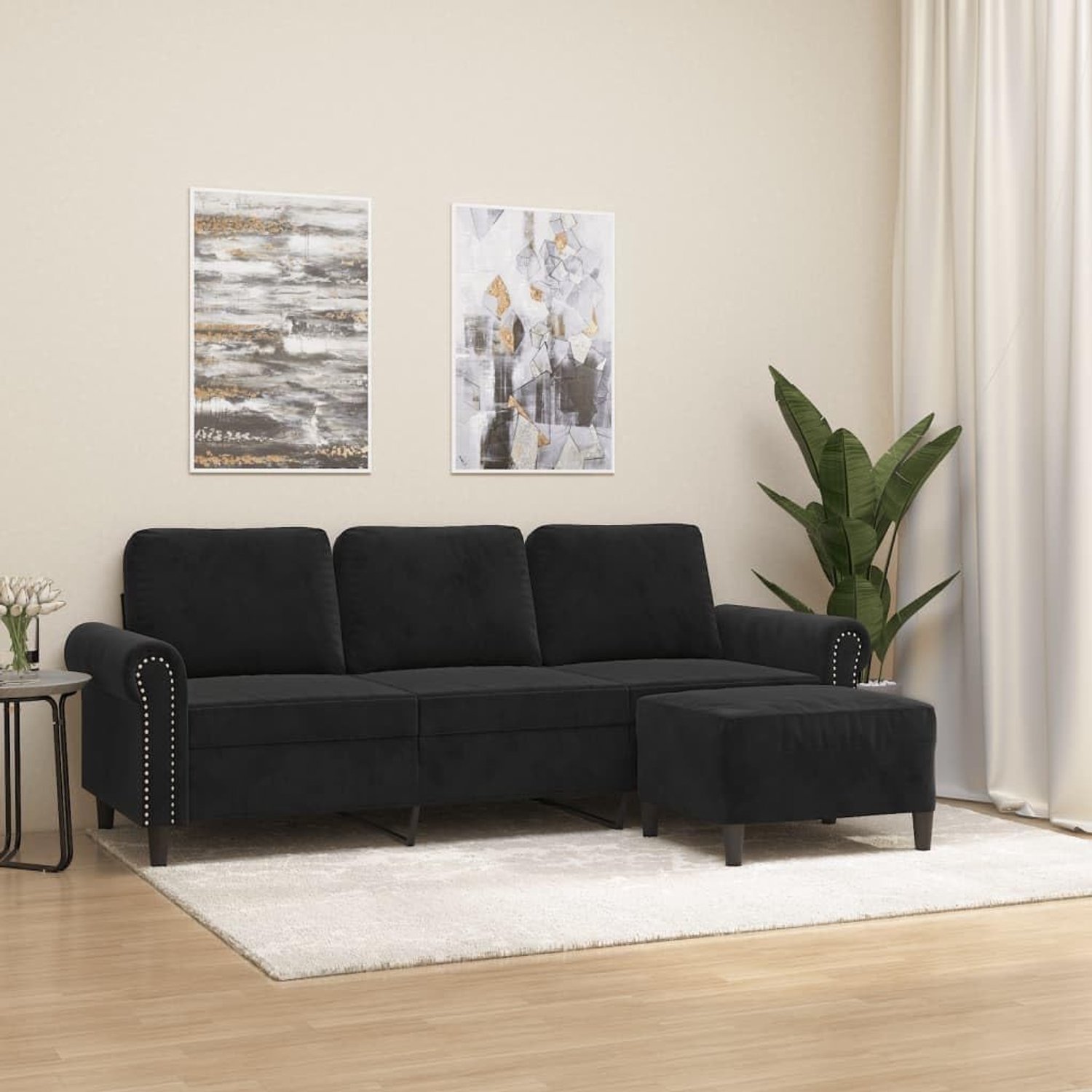 3-zitsbank met kruk zwart 180 cm fluwelen zitbank kruk voor woonkamer met robuust frame en comfortabele bekleding
