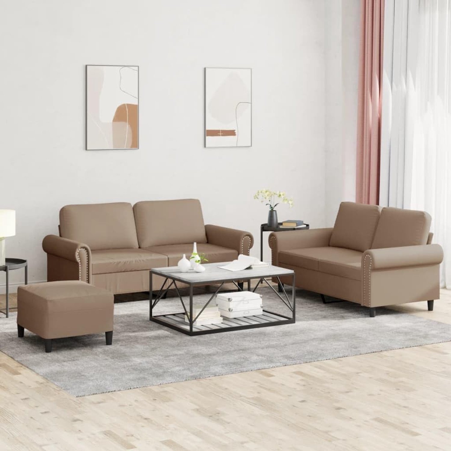 3-delig bankstel met kussen in cappuccino-bruin, bankstel kunstleer voor woonkamer met comfortabele zitting en praktische kruk