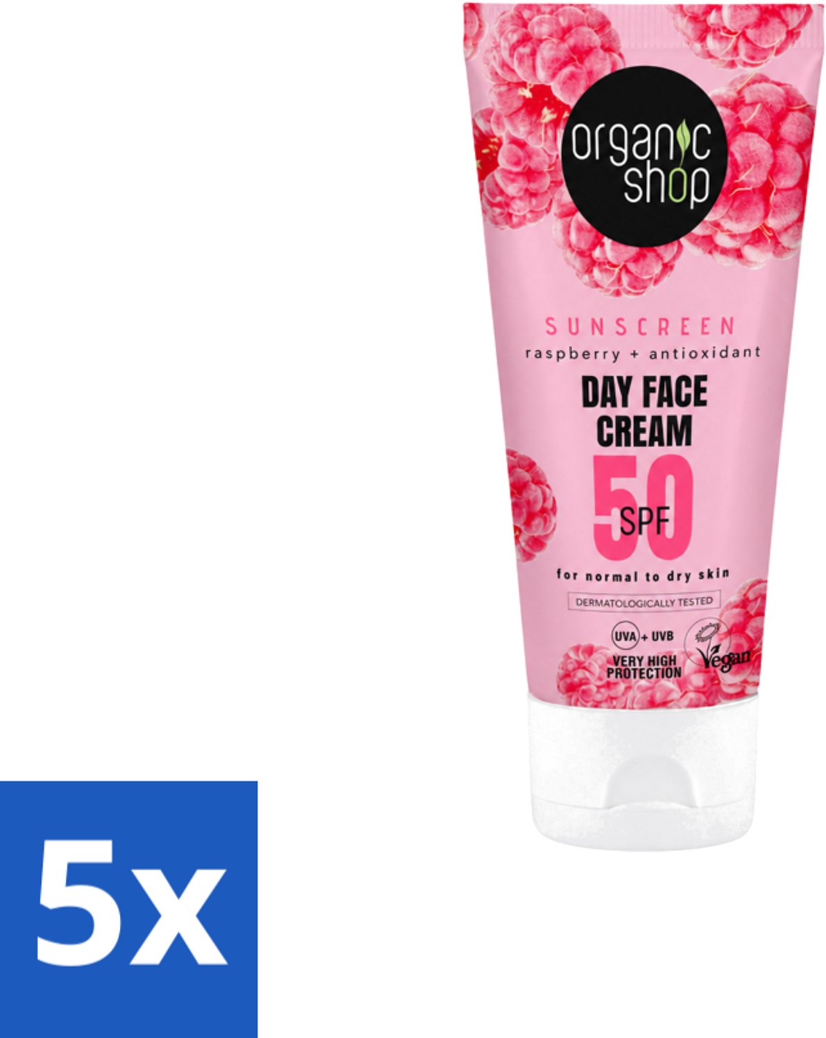 5 x Organic Shop - Zonnebrandcrème Gezicht SPF 50 - Normale Huid - 50 ml - Voordeelverpakking - 5 stuks