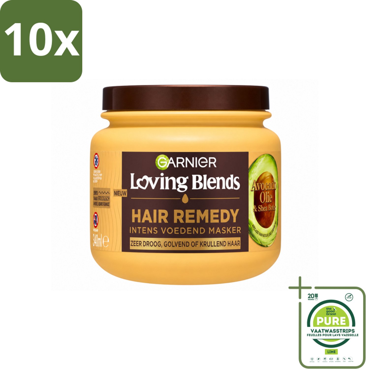 10 x Garnier - Loving Blends - Haarmasker - Avocado Olie & Shea Boter - Ultra Voedend - Golvend & Krullend Haar - 340 ml - Grootverpakking - Vaatwasstrips - Haarmasker - Avocado Olie - Shea Boter - Voedend Haar - Pluisvrij Haar
