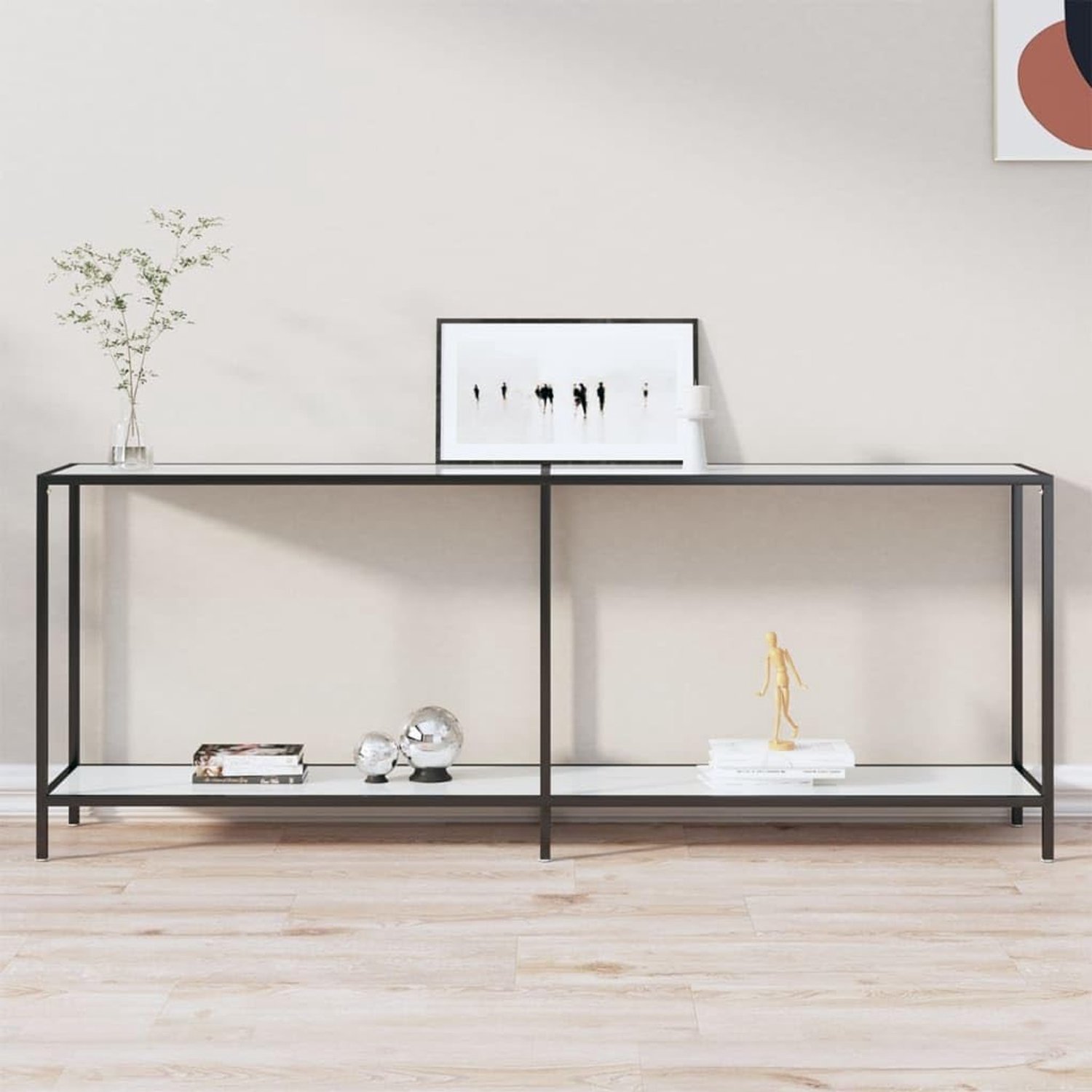 Consoletafel wit 200 x 35 x 75,5 cm gehard glas met stalen tafelframe en onderste plank voor extra opbergruimte, robuuste haltafel van gepoedercoat staal