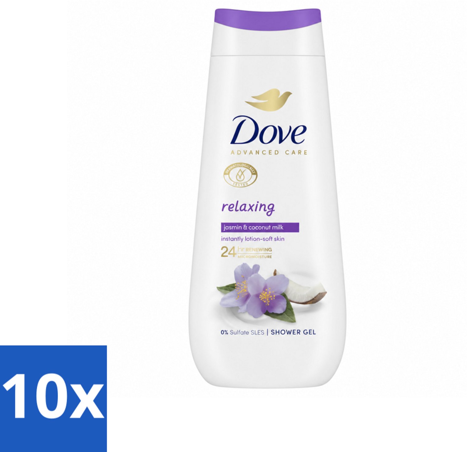 10 x Dove Douchecrème - Relaxing - Kokos & Jasmijn - 225 ml - Voordeelverpakking - 10 stuks