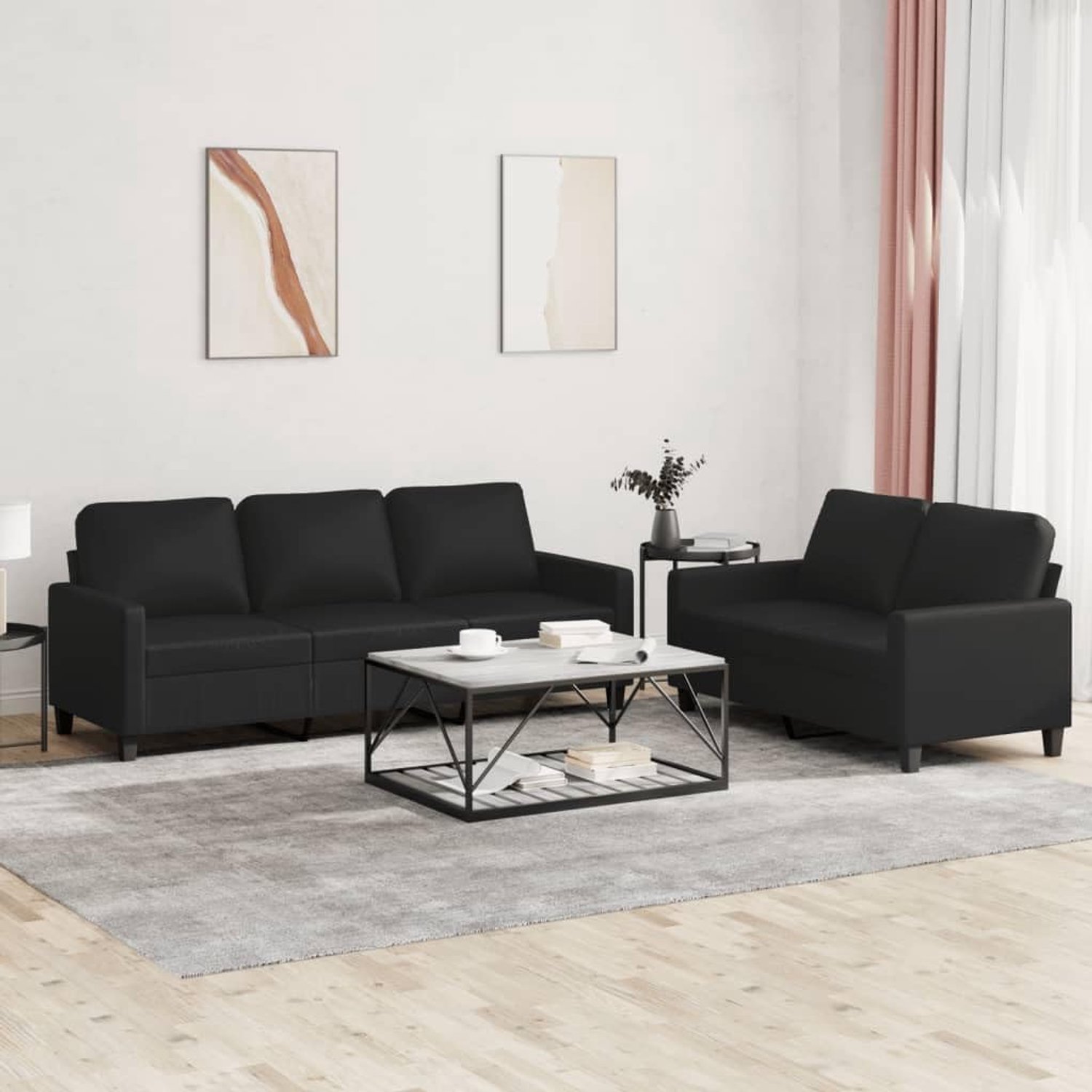 2-delige bankstel met kussen, zwart kunstleer, duurzaam gestoffeerde meubels voor woonkamer met modern design, comfortabele zitmeubelen van robuust materiaal